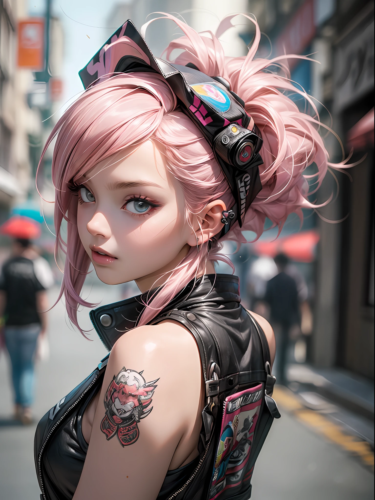 (top-quality、8K、32K、masterpiece、nffsw:1.3)、(Photorealsitic:1.4),18-year-old punk girl,turned around、Wacky punk hair,Radical punk fashion,Tank Tops、Leather Vest、A pink-haired,Wacky makeup、Street background、lensflare、depth of fields,blurry backround,,,,,,,,,,,,