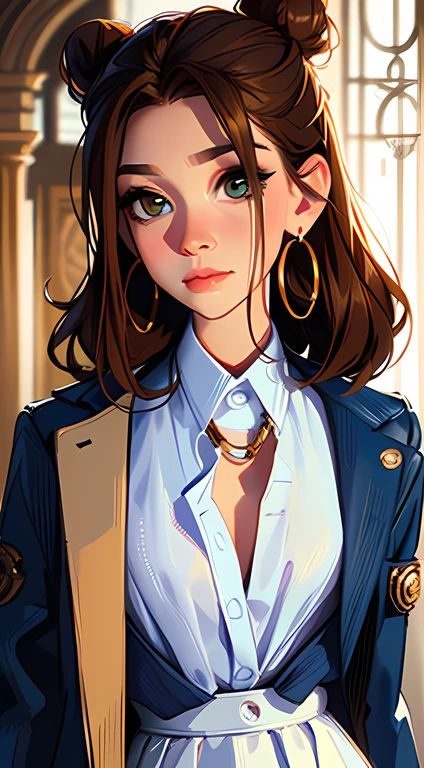 The environment is blurry and elegant, Model, High contrast required, jewels, earings, Upskirt, Shirt, Versace jacket, brown hair, white  shirt, A bracelet, hair bun, single hair bun, long skirt, closed mouth, Hoop earrings, blue jacket, sleeves rolled up, Revealing clothes, makeup, white skirt, Detailed hair, beautiful colors