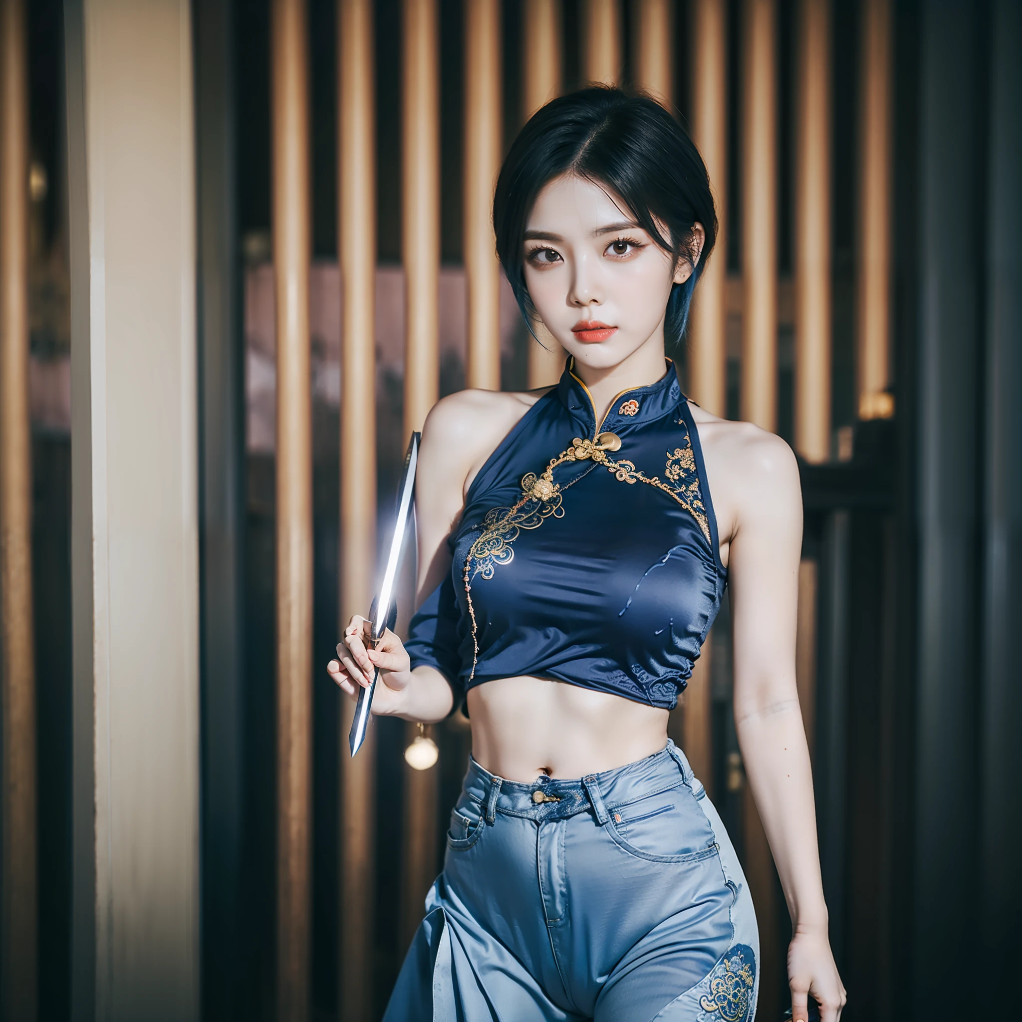 Short hair women all over the body,Wears a blue skinny chestless cheongsam,Full breasts,The hair has a strand of blue hair,Sword in hand,raining day,Chinese ancient temple background
