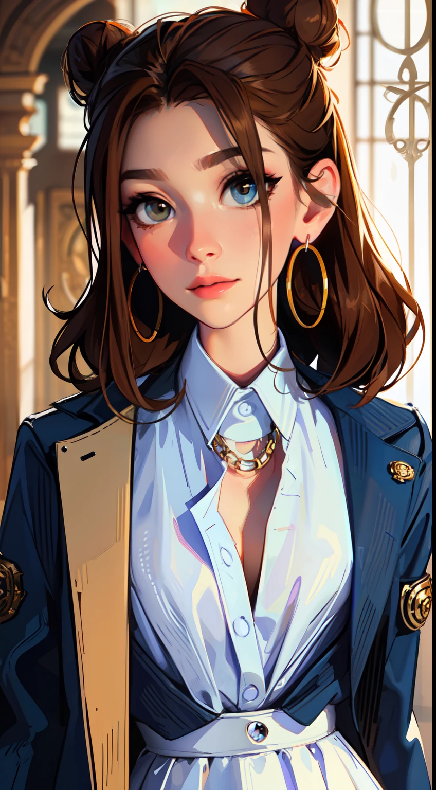 The environment is blurry and elegant, Model, High contrast required, jewels, earings, Upskirt, Shirt, Versace jacket, brown hair, white shirt, A bracelet, hair bun, single hair bun, long skirt, closed mouth, Hoop earrings, blue jacket, sleeves rolled up, Revealing clothes, makeup, white skirt, Detailed hair, beautiful colors