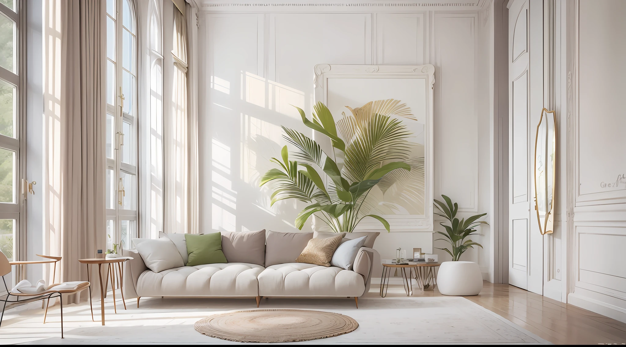 minimalist living room，Rare flowers and plants（1:0.05），sun's rays，No main light design，an award winning masterpiece，Incredible details Large windows，highly  detailed，Harper's Bazaar art，fashion magazine，fluency，Clear focus，8K，rendering by octane