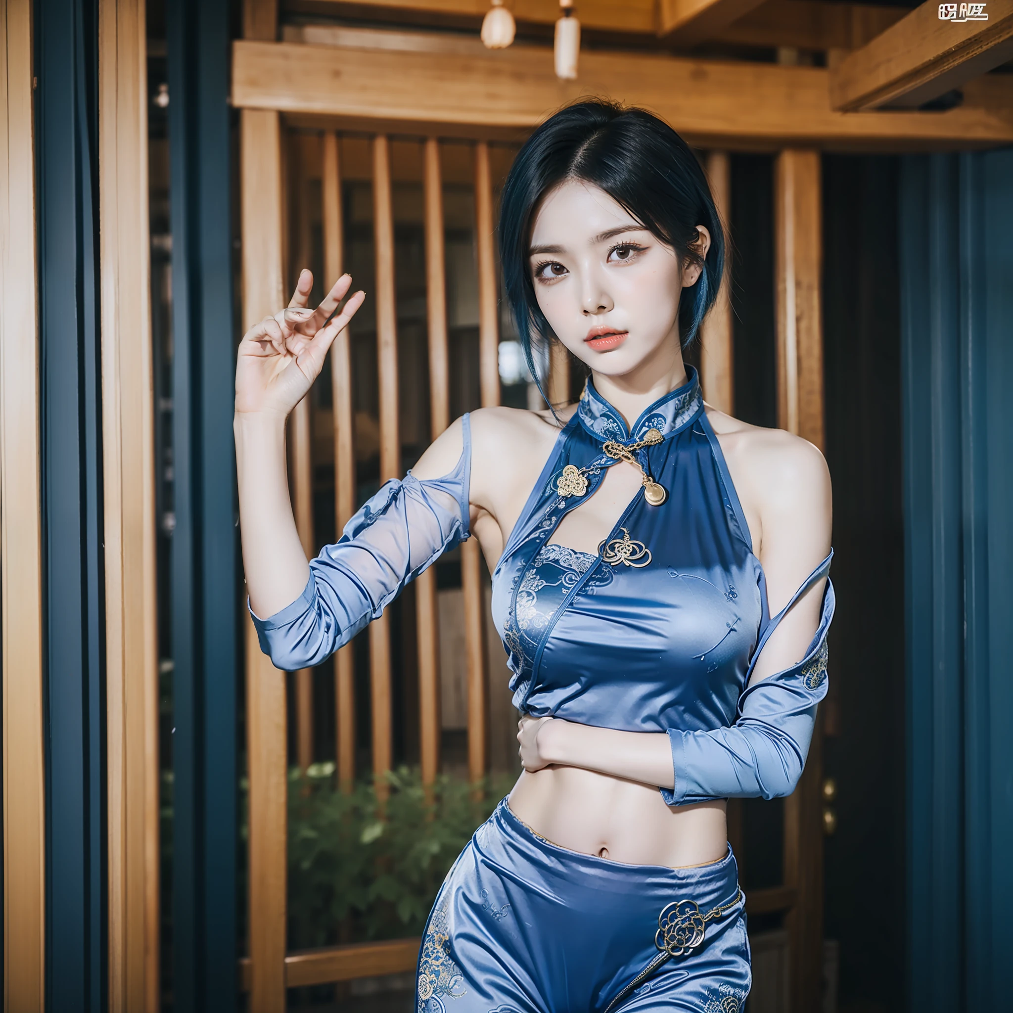 Short hair women all over the body，Wears a blue skinny chestless cheongsam，Full breasts，The hair has a strand of blue hair，Sword in hand，raining day，Chinese ancient temple background