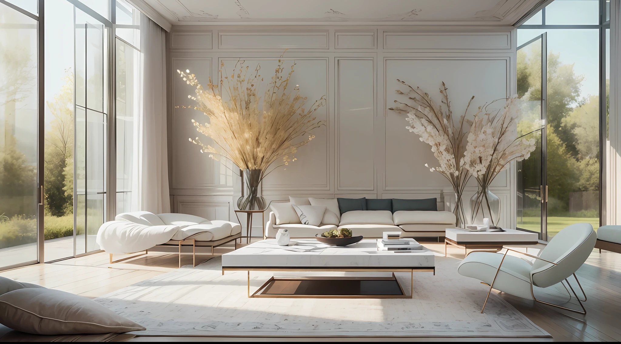 Large minimalist living room，Rare flowers and plants（1:0.05），sun's rays，No main light design，an award winning masterpiece，Incredible details Large windows，highly  detailed，Harper's Bazaar art，fashion magazine，fluency，Clear focus，8K，rendering by octane，