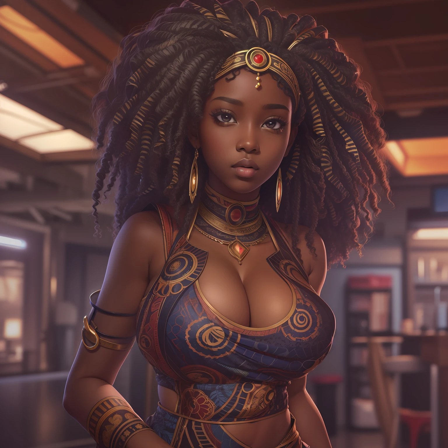 masterpiece, best quality ,1girl, science fiction,ankara dress, dark skin, braided hair, (big hair), hazel eyes, standing, perfect eyes, looking at viewer, pov,busty, wide hips, thick thighs