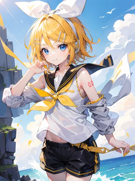 top-quality、super precision、one girl、(kagamine_rin)、vocaloid、blue eyess、shorthair、cute little、natural smile、a sailor suit、short ...