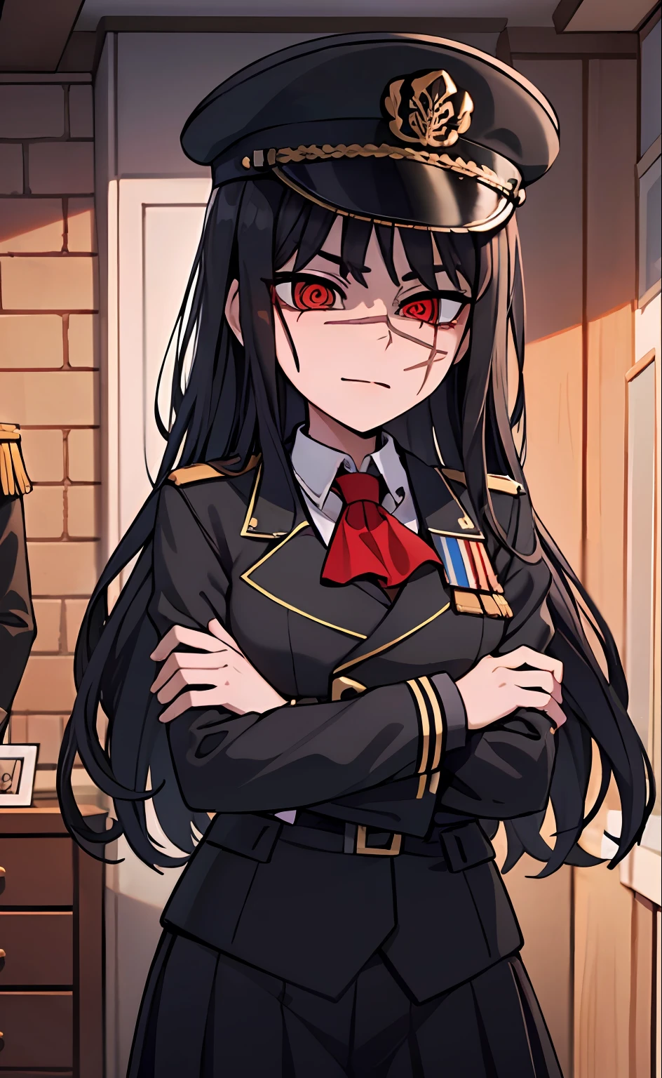 (masterpiece, best quality: 1.2), Solo, 1girl, Yoru \(Chainsaw Man\), looking at the viewer, different poses, red eye, long hair, completely black hair, reference to clothing of a German WWII general, black long sleeves (best quality), scar on face, beautiful eyes, has only 2 arms, has war medals on his clothes, Black Military Cap, Golden Eagle Medal on Clothing, (Wallpaper), (8K HD), (8K HD), Golden Shoulder Pads, Sprites, 1 Single Design (obra maestra, mejor calidad: 1.2), Solo, 1girl, Yoru \(Chainsaw Man\), mirando al espectador, sonrisa, feliz, diferentes poses, ojo rojos, cabello largo, cabello completamente negro, reference to clothing of a German general from World War II, mangas largas negras (mejor calidad), cicatriz en la cara, hermosos ojos, tiene solo 2 brazos, manos bien hechas, tiene medallas de guerra en su ropa, Gorra militar negra, Golden Eagle Medal in Dress, (fondo de pantalla), (8K HD), (8K HD), hombreras doradas, sprites, 1 single design
