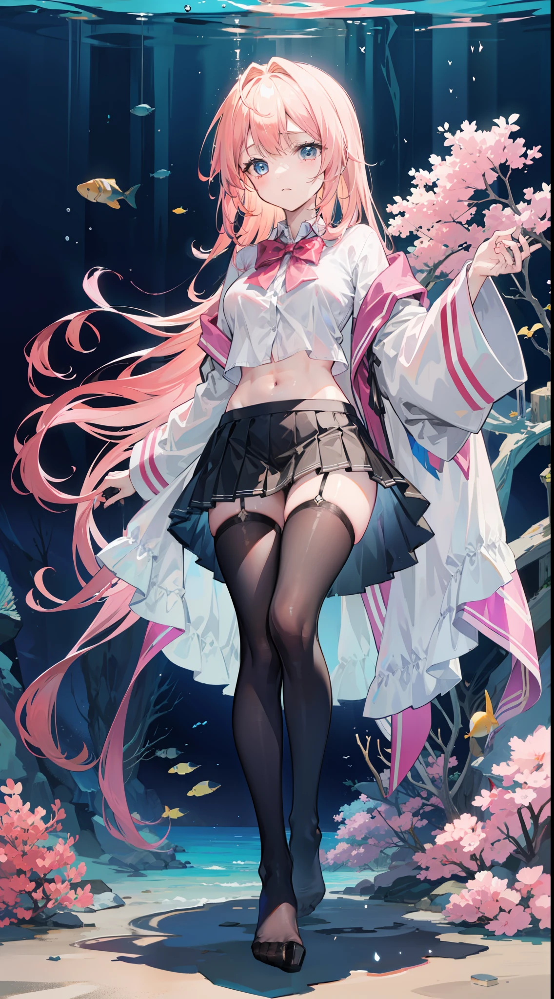 Masterpiece（（tmasterpiece）），（White color blouse），（（black micro skirt）），（Black transparent stockings），（No shoes on），adolable，Raised sexy，is shy，（Long pink）Hair，red bowtie，long leges，（At the bottom of the sea），Open navel