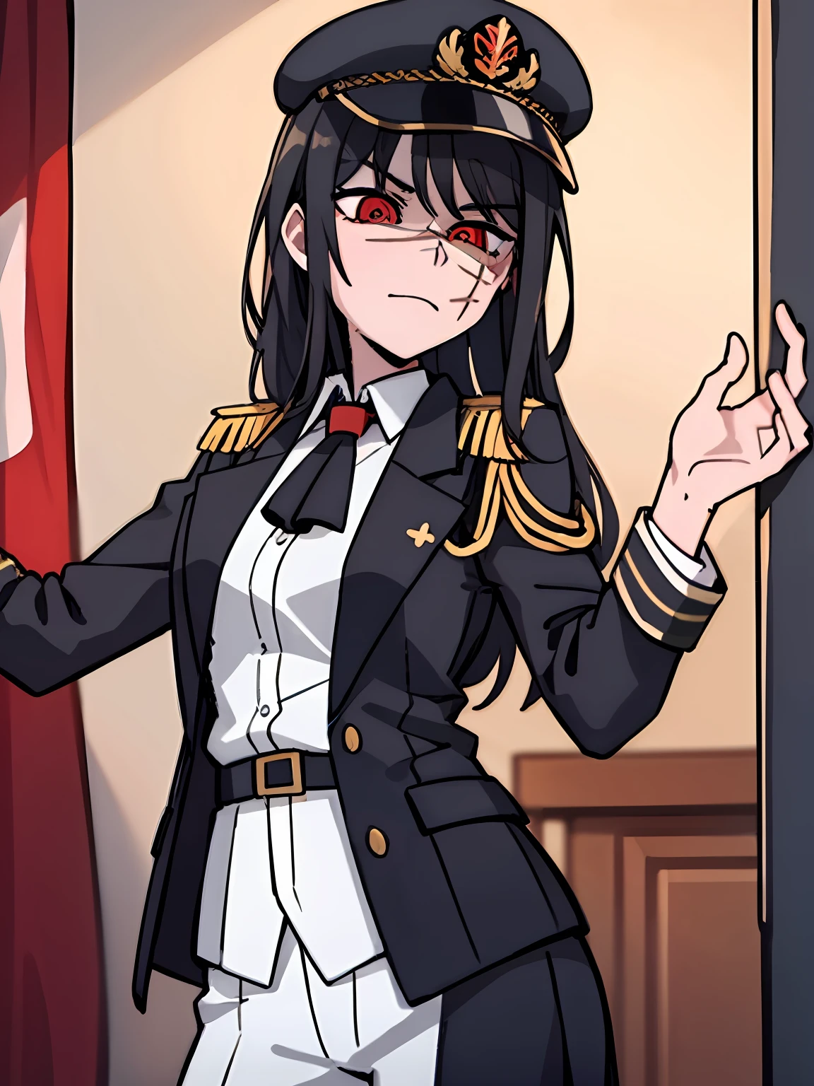 (masterpiece, best quality: 1.2), Solo, 1girl, Yoru \(Chainsaw Man\), looking at the viewer, different poses, red eye, long hair, completely black hair, reference to clothing of a German WWII general, black long sleeves (best quality), scar on face, beautiful eyes, has only 2 arms, has war medals on his clothes, Black Military Cap, Golden Eagle Medal on Clothing, (Wallpaper), (8K HD), (8K HD), Golden Shoulder Pads, Sprites, 1 Single Design (obra maestra, mejor calidad: 1.2), Solo, 1girl, Yoru \(Chainsaw Man\), mirando al espectador, sonrisa, feliz, diferentes poses, cuerpocompleto, cuerpo dentro de la vision de la foto, ojos rojos, cabello largo, cabello completamente negro, reference to clothing of a German general from World War II, mangas largas negras (mejor calidad), cicatriz en la cara, hermosos ojos, tiene solo 2 brazos, tiene medallas de guerra en su ropa, Gorra militar negra, Golden Eagle Medal in Dress, (fondo de pantalla), (8K HD), (8K HD), hombreras doradas, sprites, 1 single design