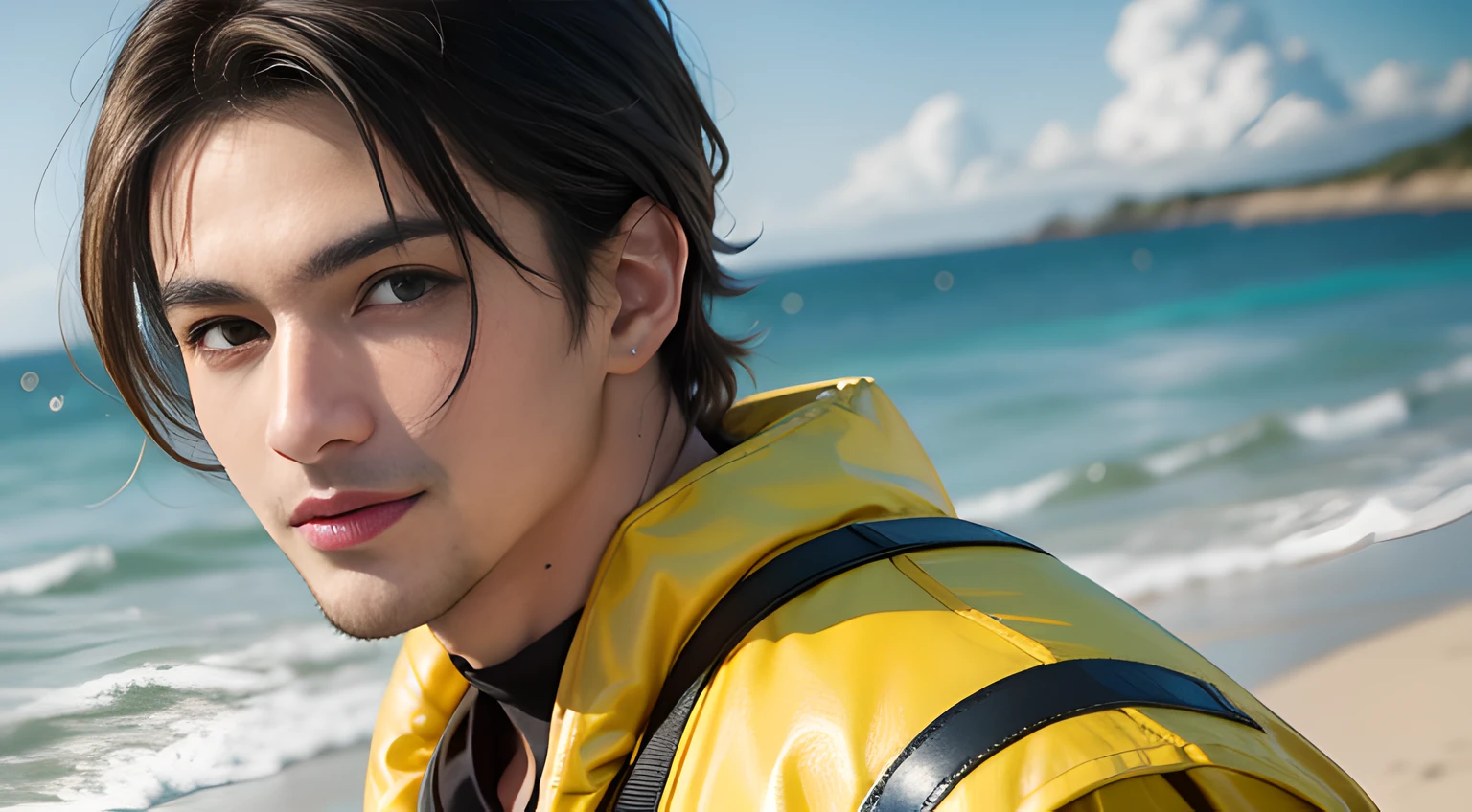 ((Men only)), (Handsome muscular man in his 20s in yellow & red life jacket on the beach) , Chris Redfield, Mischievous smile, (detaile: 1 in 1), Natural muscles, HIG quality, beautidful eyes, (Detailed face and eyes), (Face、: 1 / 2), Noise, Real Photographics、... ...................................................................PSD, Sharp Focus, High resolution 8K, realisitic & Professional Photography, 8K UHD, Soft lighting, High quality, Film grain, FujifilmXT3