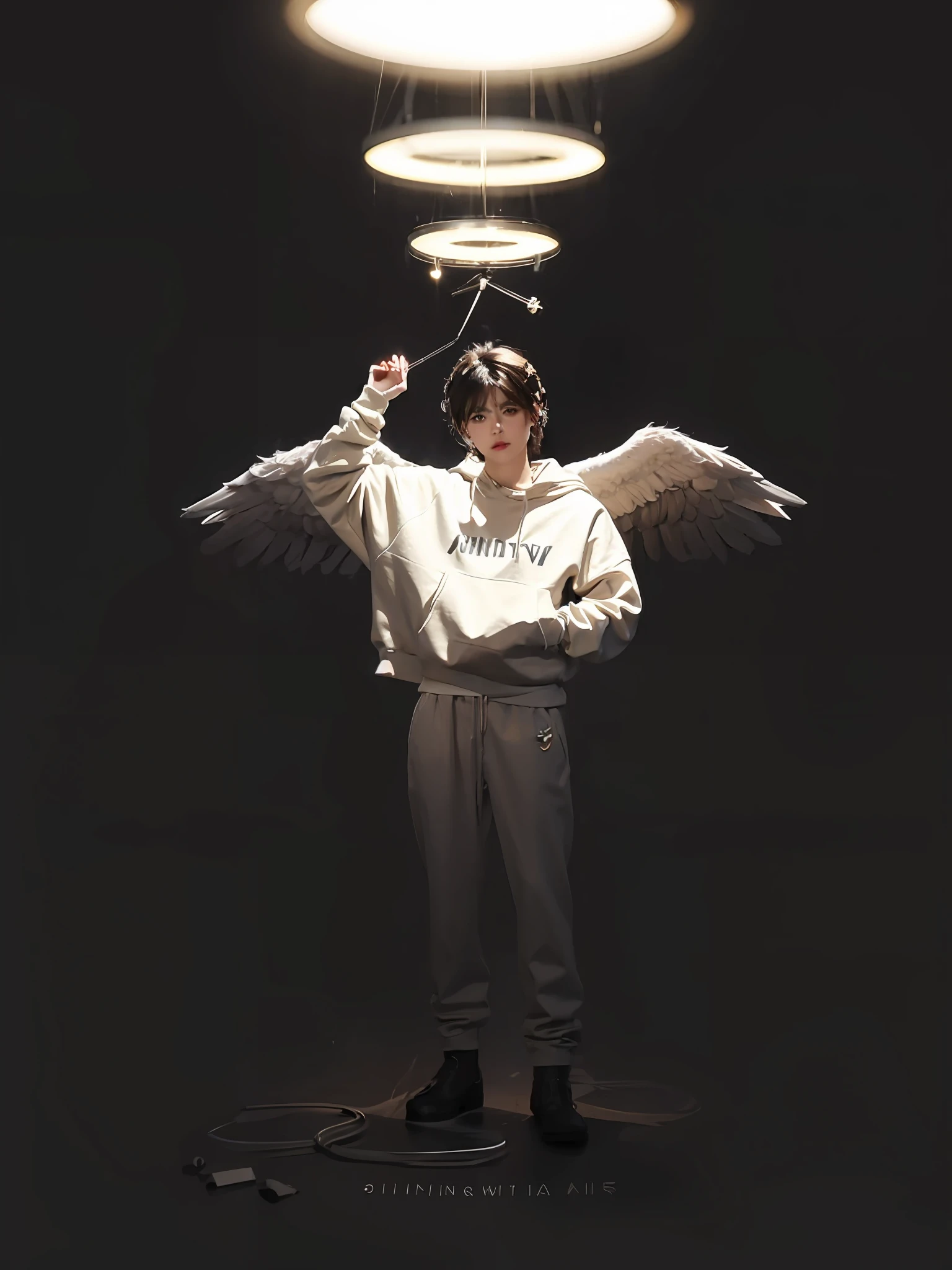 Best quality, Masterpiece, Upper body, shadowing， (Extremely detailed Cg Unity 8K wallpaper), Handsome young man, Angelic wings, Halo, (Male, Man), Messy hair, Short hair, stand posture, Cinematic lighting, Photorealistic, Dynamic pose, sharp-focus, 80s fantasy art, (Photorealistic:1.4), (Masterpiece, fine detailed beautiful eyes: 1.2), Masterpiece*Portrait, Realistic, 3D face,, Black hair, Sweatshirt，Hyper-realistic --auto