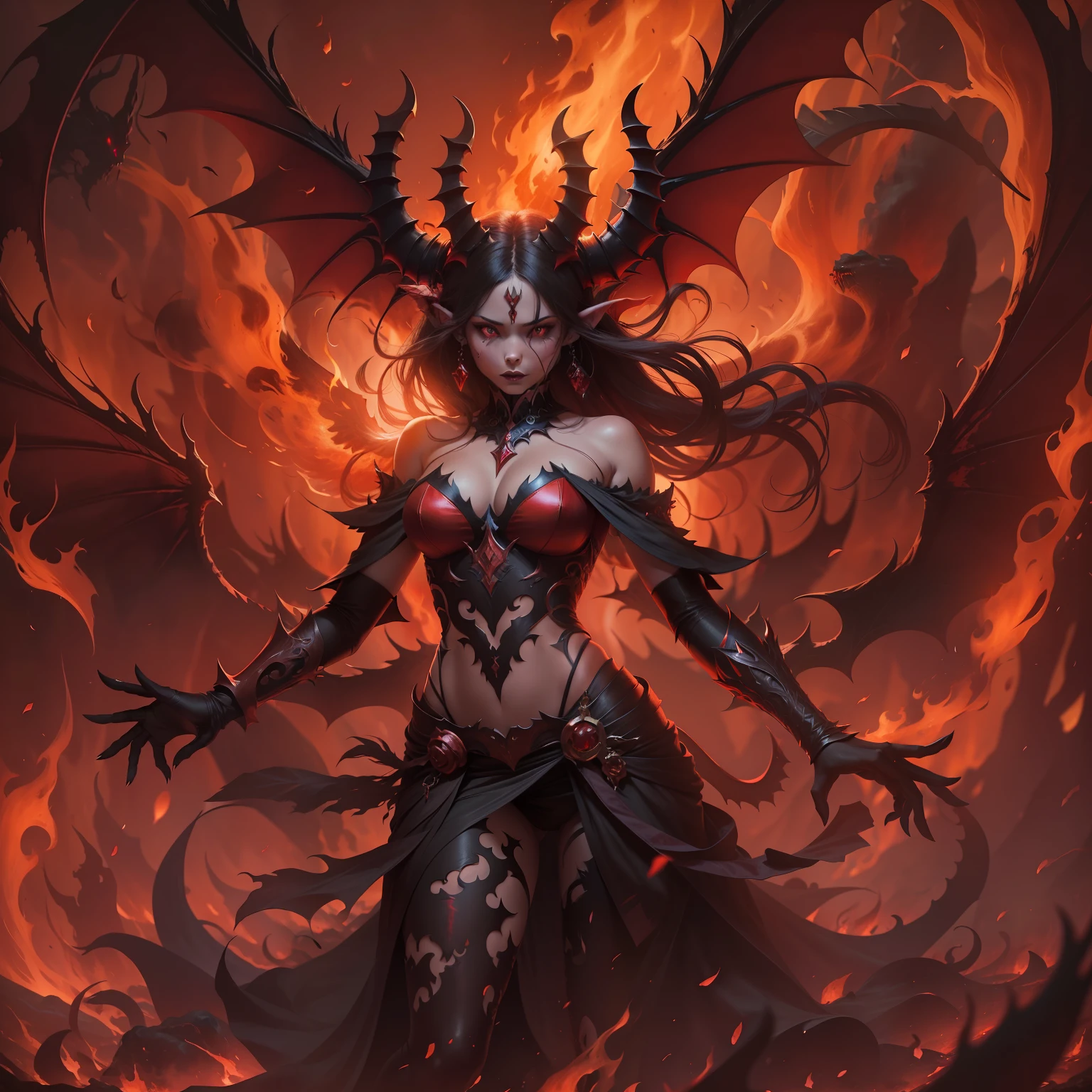 A demon woman is dancing in the fiery depths of hell, surrounded by flames and smoke. She is wearing a revealing outfit, with horns and wings protruding from her body. The background is a dark and ominous landscape, with other demons watching from the shadows.
