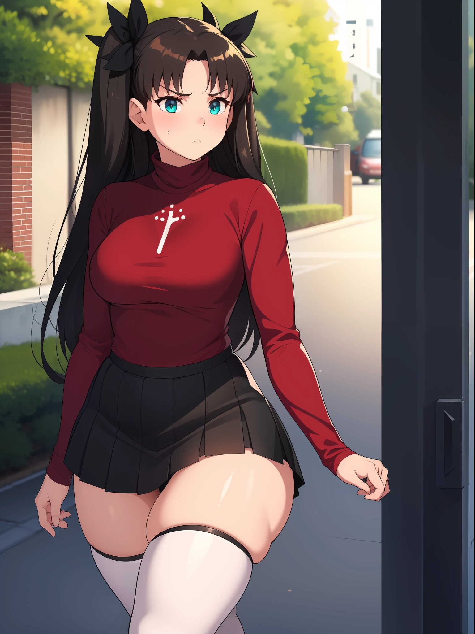 ((kipteitei art)), ((masterpiece)), (((best quality))), ((ultra-detailed)), (((illustration))), detailed face, ultra cute face, detailed body, ((1girl)), ((solo)), ((Rin Tohsaka)), aqua eyes, black hair, hair ribbon, long hair, ribbon, sidelocks, black thighhighs, long sleeves, miniskirt, pleated skirt, red sweater, skirt, sweater, turtleneck, looking at viewer, tsundere, blush, annoyed, small breasts, perky breasts, (wide hips), ((thick thighs)), walking down the street, town,