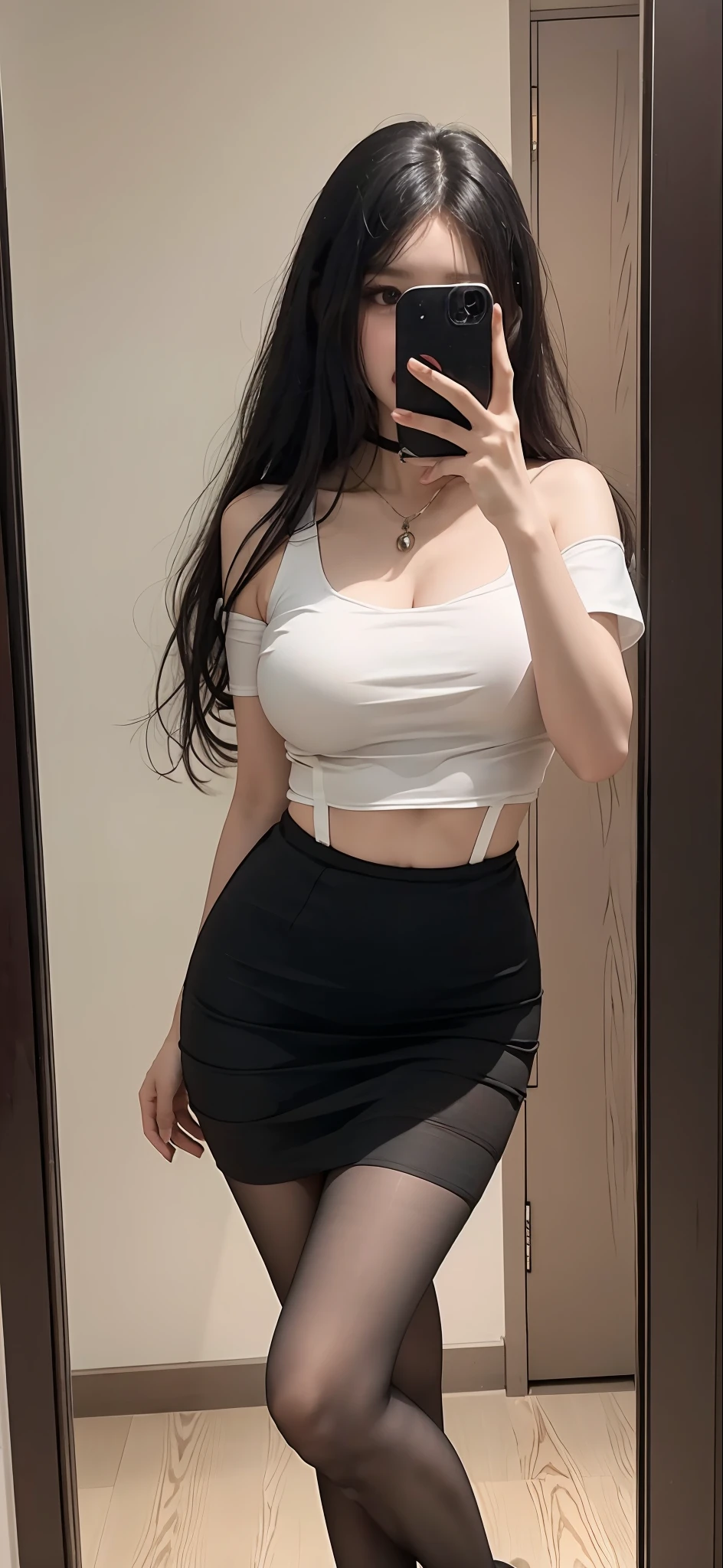 There was a woman dressed in black taking a picture of herself, 8K pixels，Ultra-clear，ultra-realistic realism，The face is clear，very sexy outfit, Sexy outfit, wearing sexy cropped top, Sexy look, intriguing outfit, cruel korean goth girl,Wearing suspender stockings pantyhose， revealing outfit, Sexy dress, Sexy pose, she is dancing. Realistic, Clothing that exposes, sexy look at the camera, Sexy style, wearing black clothes, Attractive pose，A sexy pose，perfect body figure，No chest baring，Not exposed，Clear fingers，