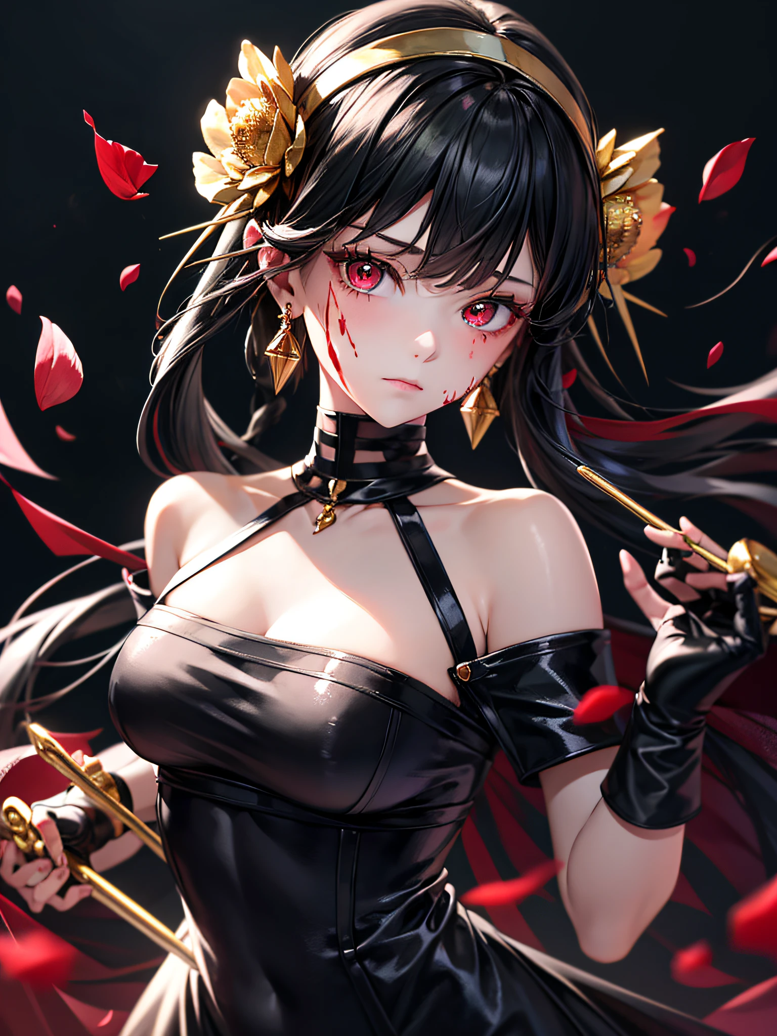 yor briar,
1girl, backlighting, bare shoulders, black background, black dress, black gloves, black hair, blood, blood on face, blood on weapon, breasts, closed mouth, cowboy shot, dress, earrings, expressionless, fingerless gloves, floating hair, floral print, flower, gloves, gold earrings, gold hairband, hair flower, hair ornament, hairband, holding, holding weapon, jewelry, large breasts, light particles, long hair, looking at viewer, off-shoulder dress, off shoulder, petals, red eyes, rose, rose petals, rose print, short hair with long locks, sidelocks, solo, spikes, thighs, two-sided dress, two-sided fabric, weapon, ((masterpiece))