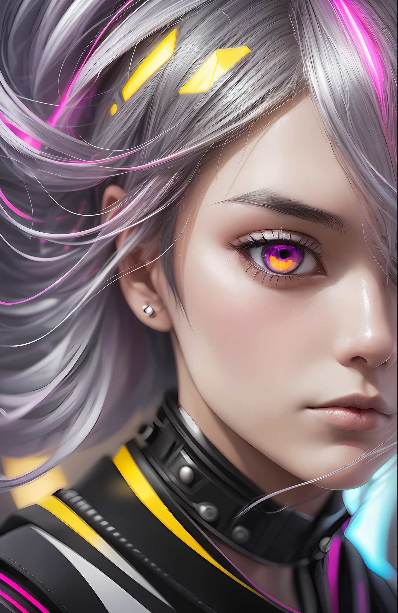 a japanese girl, Realistic, Light pink and yellow, charming character illustrations, yellow, Black and pink, Cyberpunk, Look down diagonally to the right, Icy stare, striated hair, multicolored hair, Silver hair, Pink hair, Empty eyes, makeup, Crazy, scowl, Jitome, Digital Art, surrealism, high detailing, Cubist Futurism, A futuristic, Realism, Glowing light, high detailing, Cubist Futurism, emphasis lines, NIKON, close-up, Textured skin, high details, awardwinning, hight resolution, Best Quality, nffsw, retinas, masutepiece, ccurate, Anatomically correct, Textured skin, Super Detail, high details, High quality, awardwinning, Best Quality, hight resolution