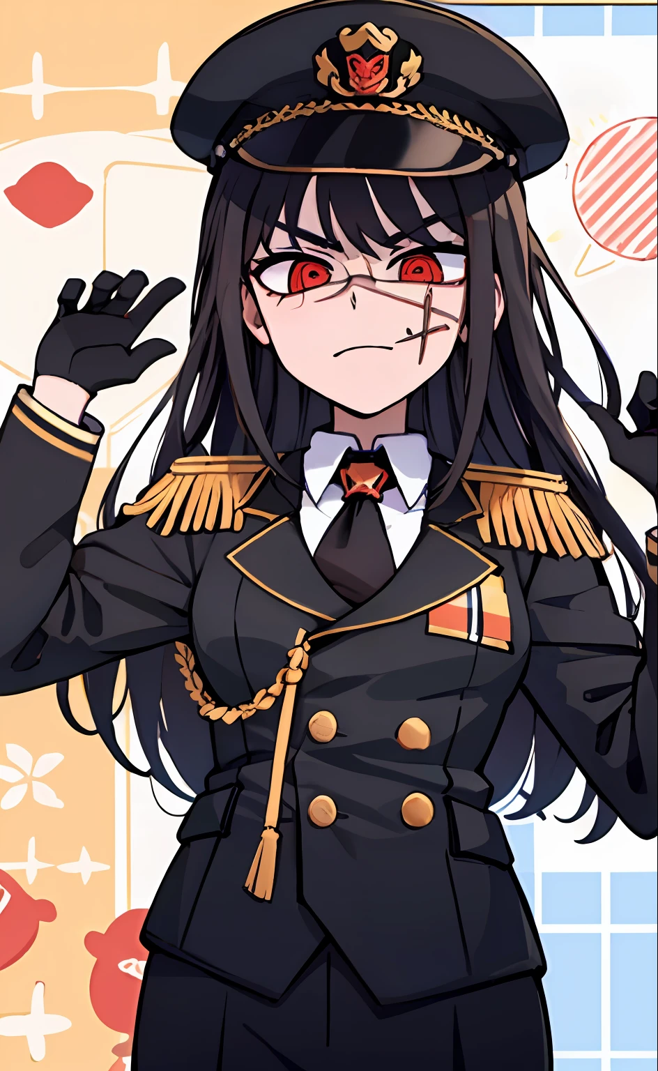 (masterpiece, best quality: 1.2), Solo, 1girl, Yoru \(Chainsaw Man\), looking at the viewer, different poses, red eye, long hair, completely black hair, reference to clothing of a German WWII general, black long sleeves (best quality), scar on face, beautiful eyes, has only 2 arms, has war medals on his clothes,  Black Military Cap, Golden Eagle Medal on Clothing, (Wallpaper), (8K HD), (8K HD), Golden Shoulder Pads, Sprites, 1 Single Design (obra maestra, mejor calidad: 1.2), Solo, 1girl, Yoru \(Chainsaw Man\), mirando al espectador, sonrisa, feliz, diferentes poses, ojo rojos, cabello largo, cabello completamente negro, reference to white clothing of a German general of World War II, mangas largas negras (mejor calidad), cicatriz en la cara, hermosos ojos, tiene solo 2 brazos, tiene medallas de guerra en su ropa, Gorra militar negra, Golden Eagle Medal in Dress, (fondo de pantalla), (8K HD), (8K HD), hombreras doradas, sprites, 1 single design