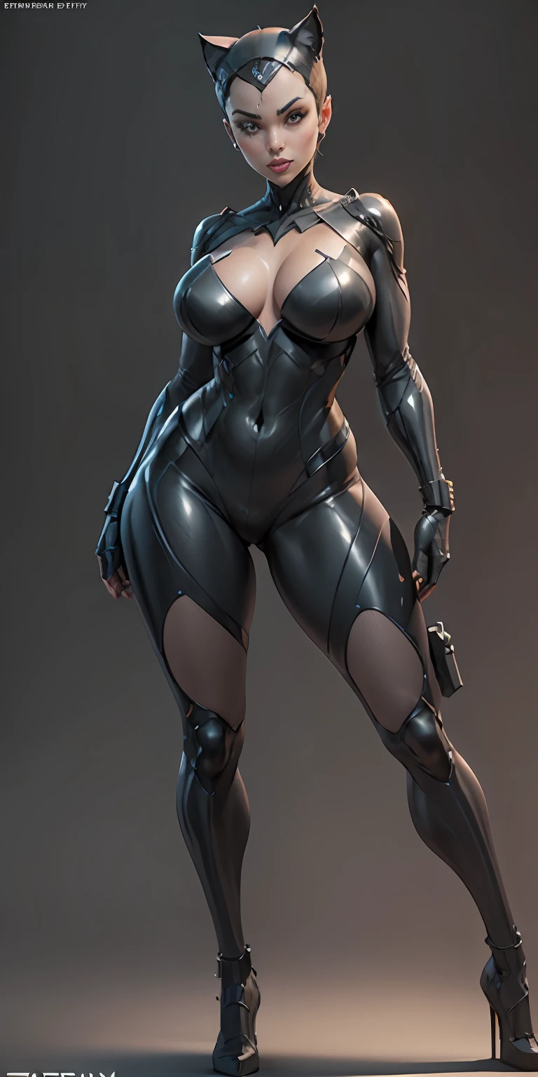 Catwoman from DC, big breasts, frontal, full-length, looking at the camera, facing the audience, standing pose, simple background, three-dimensional light, detailed full-body concept, sleek digital concept art, beautiful full-body concept art, art trend, CGsociety full-length,