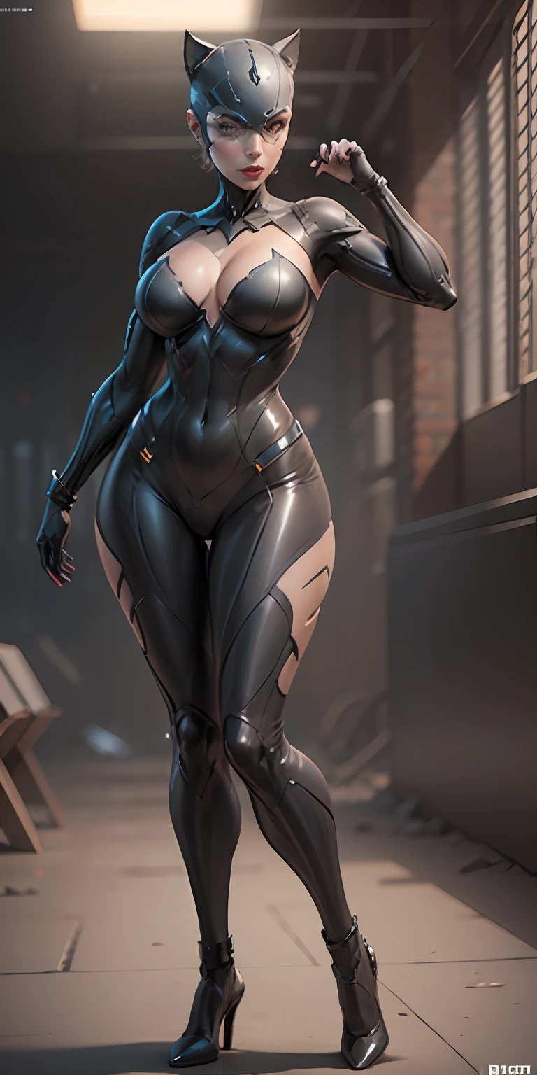 Catwoman from DC, big breasts, frontal, full-length, looking at the camera, facing the audience, standing pose, simple background, three-dimensional light, detailed full-body concept, sleek digital concept art, beautiful full-body concept art, art trend, CGsociety full-length,