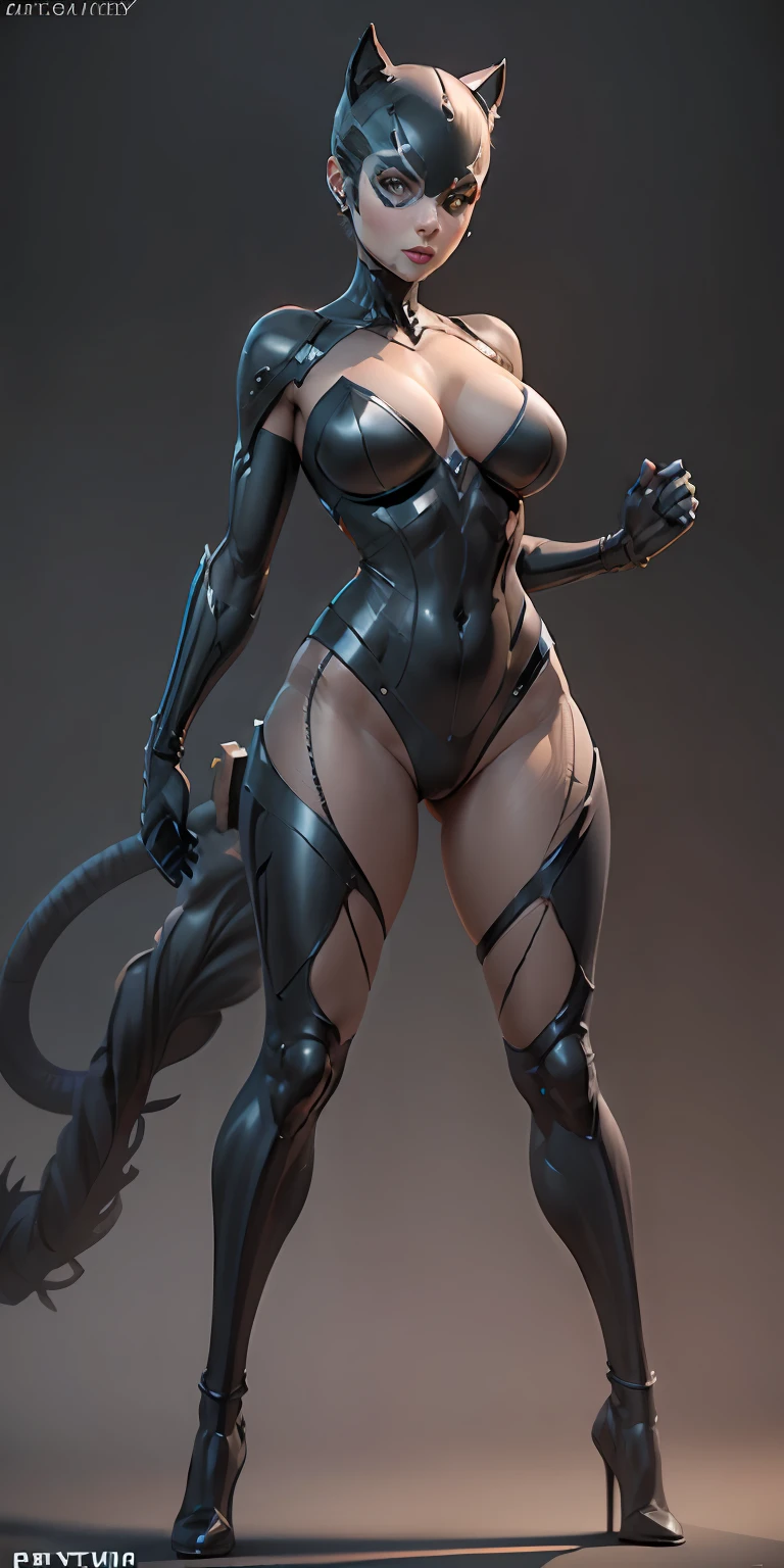 Catwoman from DC, big breasts, frontal, full-length, looking at the camera, facing the audience, standing pose, simple background, three-dimensional light, detailed full-body concept, sleek digital concept art, beautiful full-body concept art, art trend, CGsociety full-length,