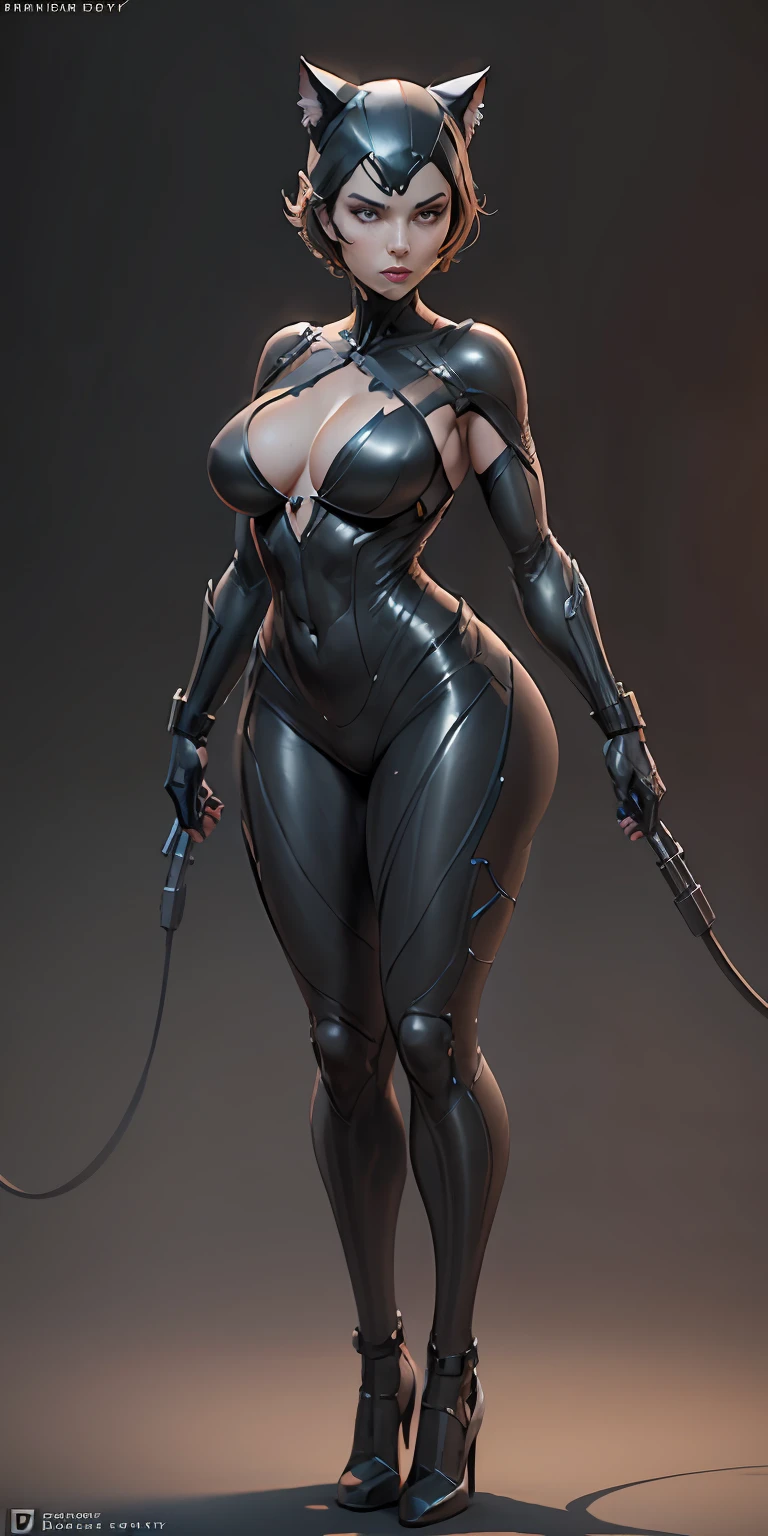 Catwoman from DC, big breasts, frontal, full-length, looking at the camera, facing the audience, standing pose, simple background, three-dimensional light, detailed full-body concept, sleek digital concept art, beautiful full-body concept art, art trend, CGsociety full-length,