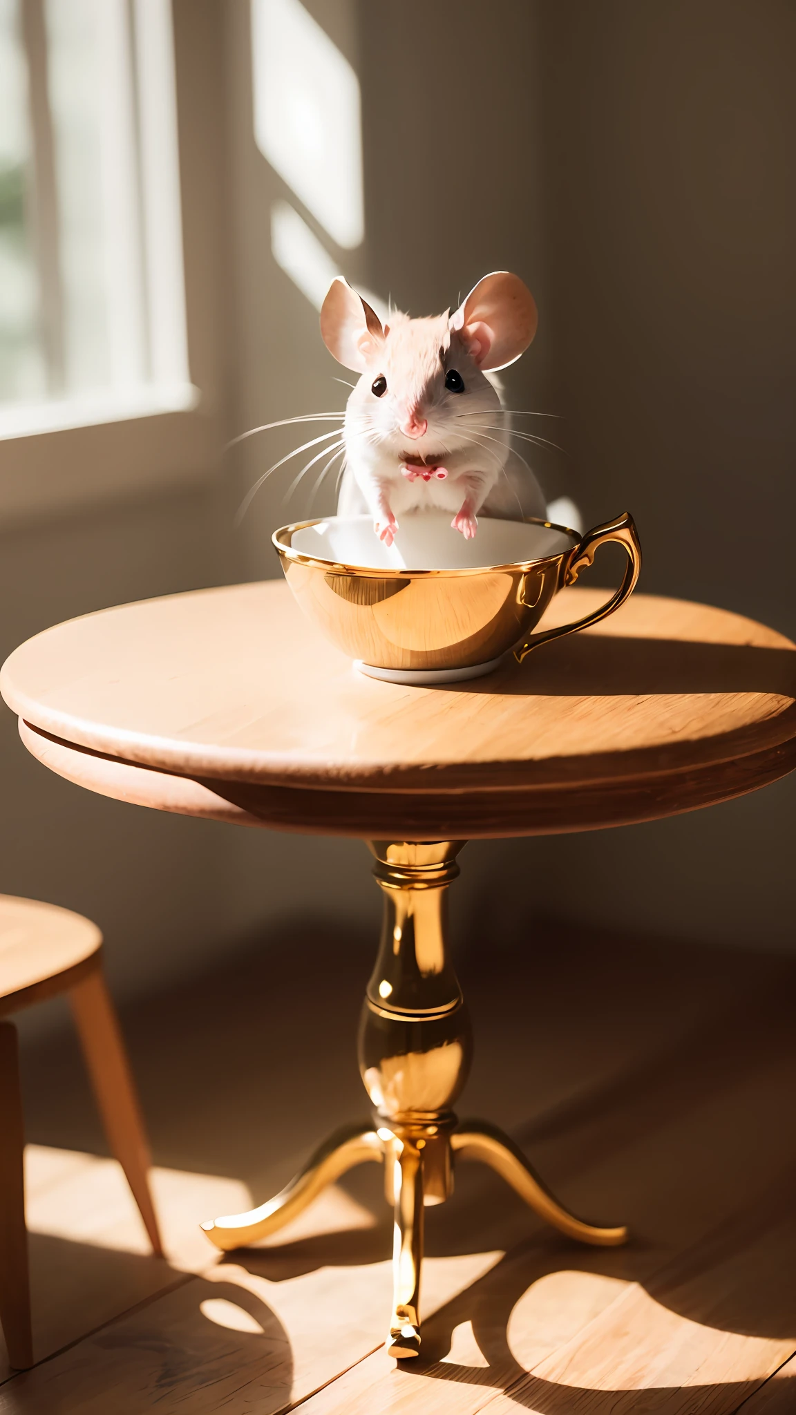 Mice, The whole body is golden, In a teacup, the face, Front paws extended, 8K, profesional photo, delicated, Pubic area is clear, On a table, Inside the house, rays of sunshine, light leaks, tmasterpiece, ((prette))), Stylish teacup, (Realistis), Round pupils