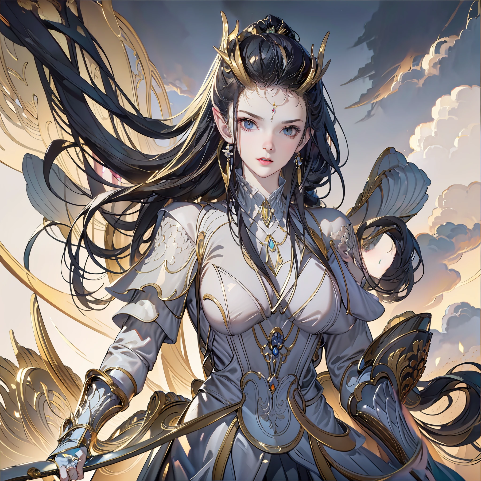 Excellent image quality，tmasterpiece，8K quality，Female general，Armed with a sharp sword，Long black hair tied up，A skirt that flutters in the wind，black long dress，Thick white clouds，Large clouds，light and shadow effect，sense of layers，drak