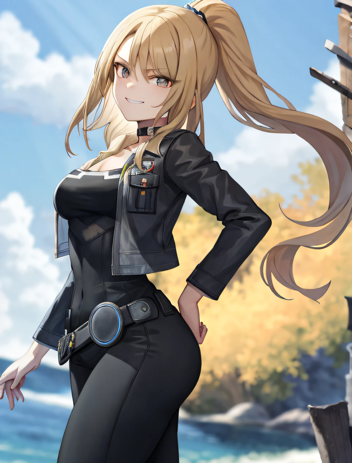 masterpiece, absurdres, best quality, eunie,1girl,blonde hair, black choker, medium breasts, perfect hands, gray eyes, {{blind}}, ponytail, dead eyes, open jacket, black jacket, smug, portrait