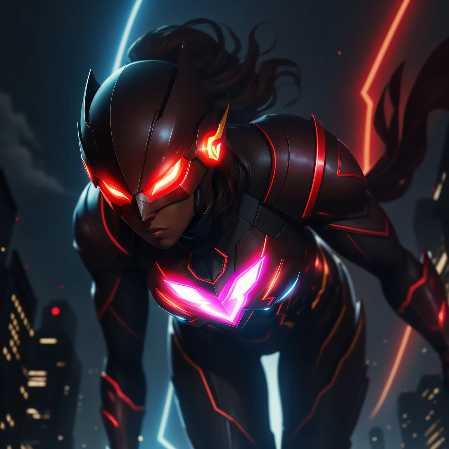 Iris West is the terrible Black Flash, Her red eyes glow in the darkness through the visor of her mask as she searches for the next victim, On the front of his costume the symbol of the neon red lightning so feared by his victims