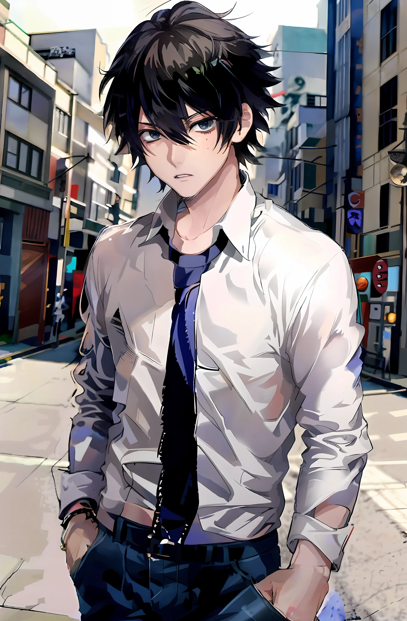 Homem de gravata e camisa no meio de uma rua, cara de anime alto com olhos azuis, homem bonito anime, jovem homem de anime, inspirado em Okumura Masanobu, Retrato anime de um homem bonito, pose de anime bonito, estilo anime masculino, kentaro miura manga art style, ****** anime, retrato estilo anime, Homem de Anime