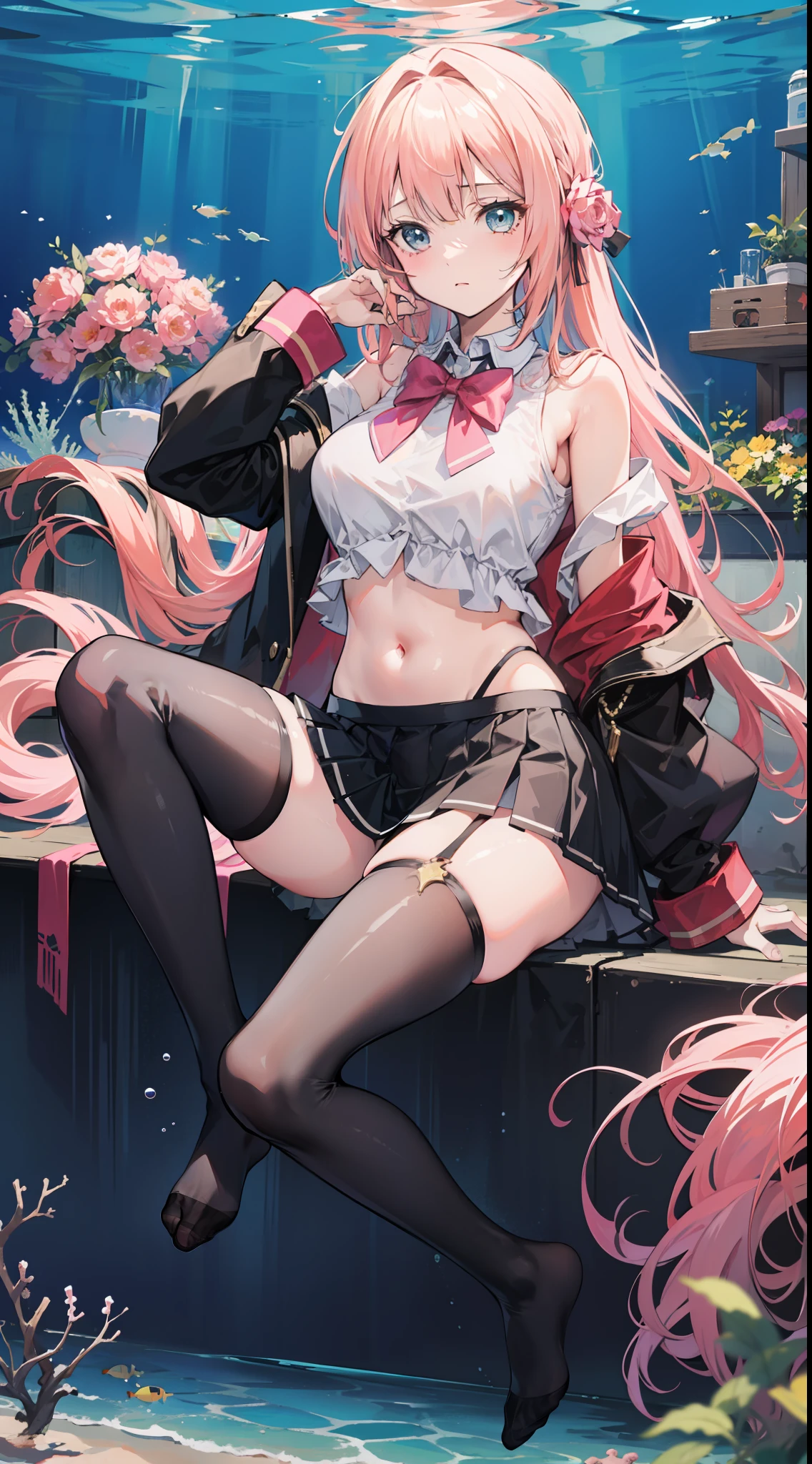 Masterpiece（（tmasterpiece）），（White color blouse），（（black micro skirt）），（Black transparent stockings），（No shoes on），adolable，Raised sexy，is shy，（Long pink）Hair，red bowtie，long leges，（At the bottom of the sea），Open navel