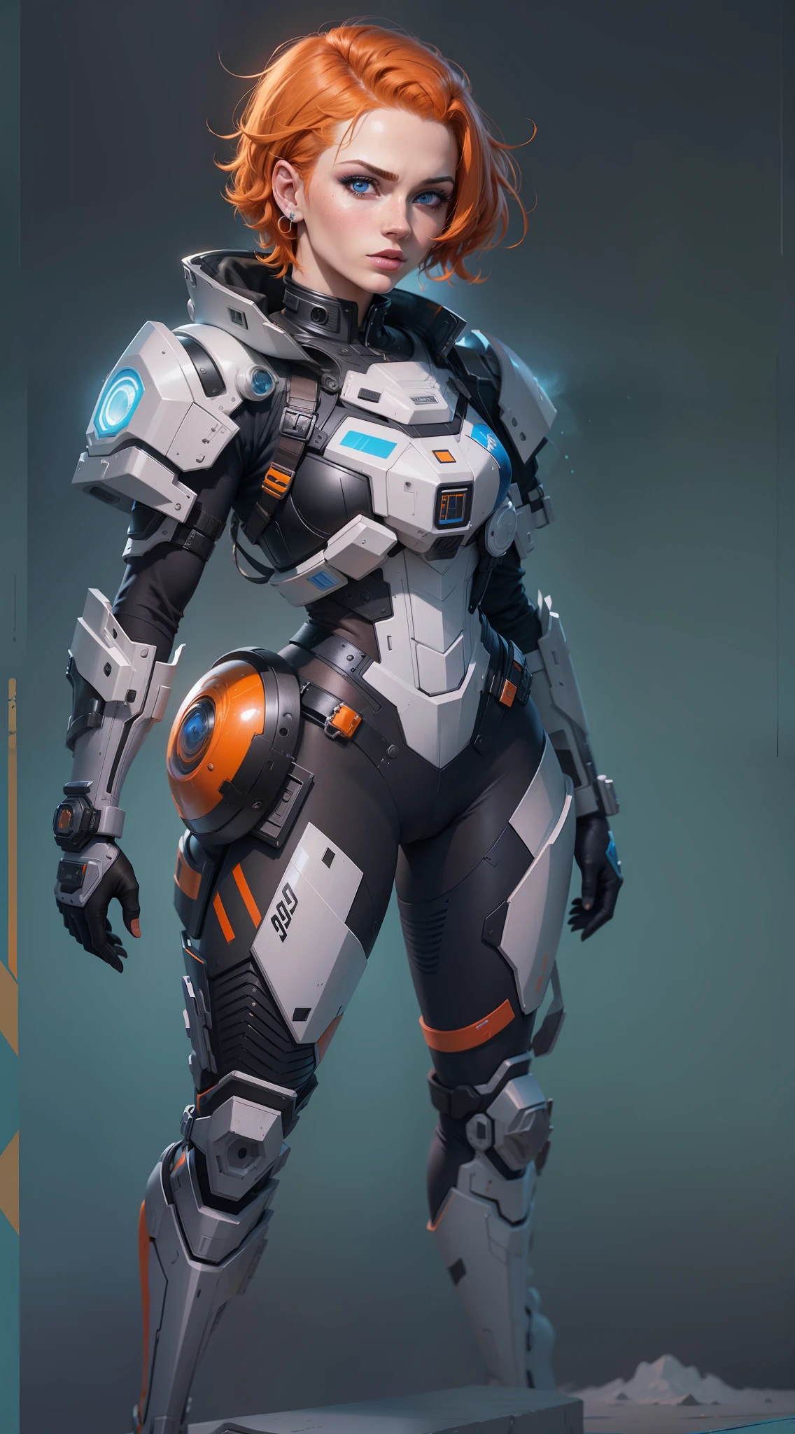26 years old, short hair, orange hair, side shaved, hyper realistic face, highly detailed, blue eyes, vivid colors, dramatic colors, vaporwave, Coloring, Foaming, ArtStation Painting, 110,781,000,000 pixel resolution