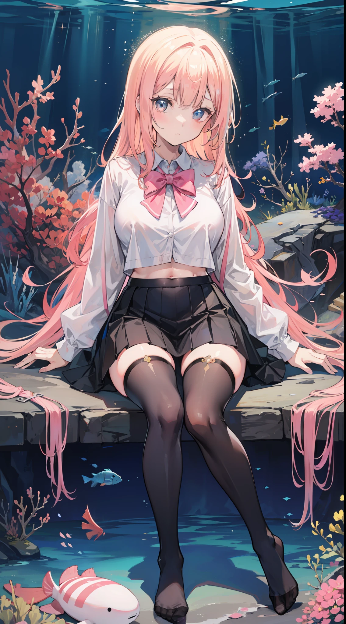 Masterpiece（（tmasterpiece）），（White color blouse），（（black micro skirt）），（Black transparent stockings），（No shoes on），adolable，Raised sexy，is shy，（Long pink）Hair，red bowtie，long leges，（At the bottom of the sea），Open navel