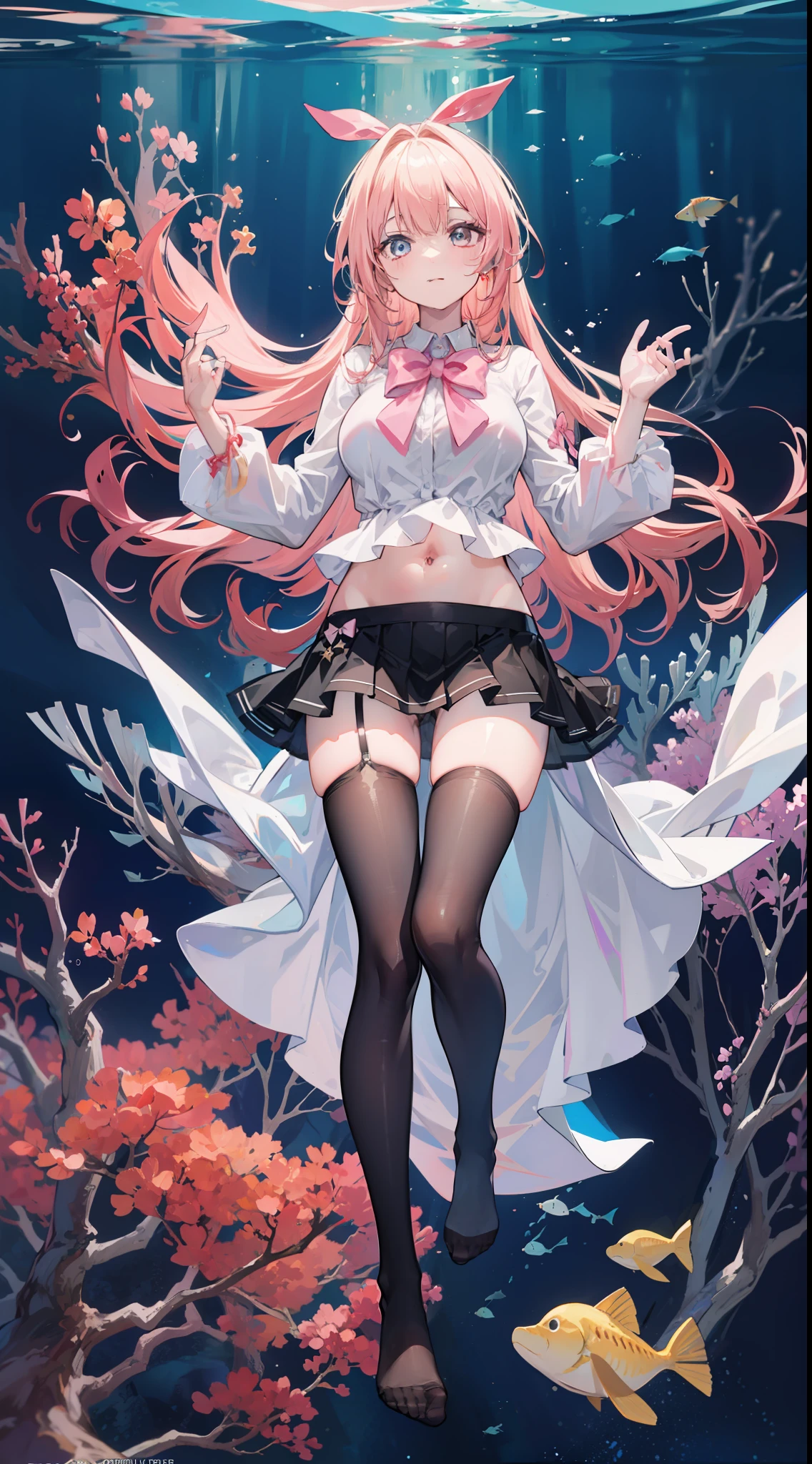 Masterpiece((tmasterpiece)),(White color blouse),((black micro skirt)),(Black transparent stockings),(No shoes on),adolable,Raised sexy,is shy,(Long pink)Hair,red bowtie,long leges,(At the bottom of the sea),Open navel