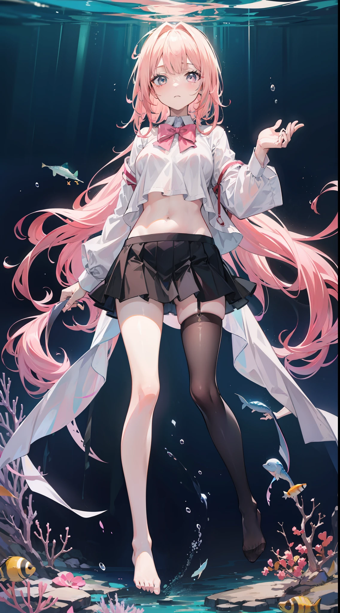 Masterpiece((tmasterpiece)),(White color blouse),((black micro skirt)),(Black transparent stockings),(No shoes on),adolable,Raised sexy,is shy,(Long pink)Hair,red bowtie,long leges,(At the bottom of the sea),Open navel