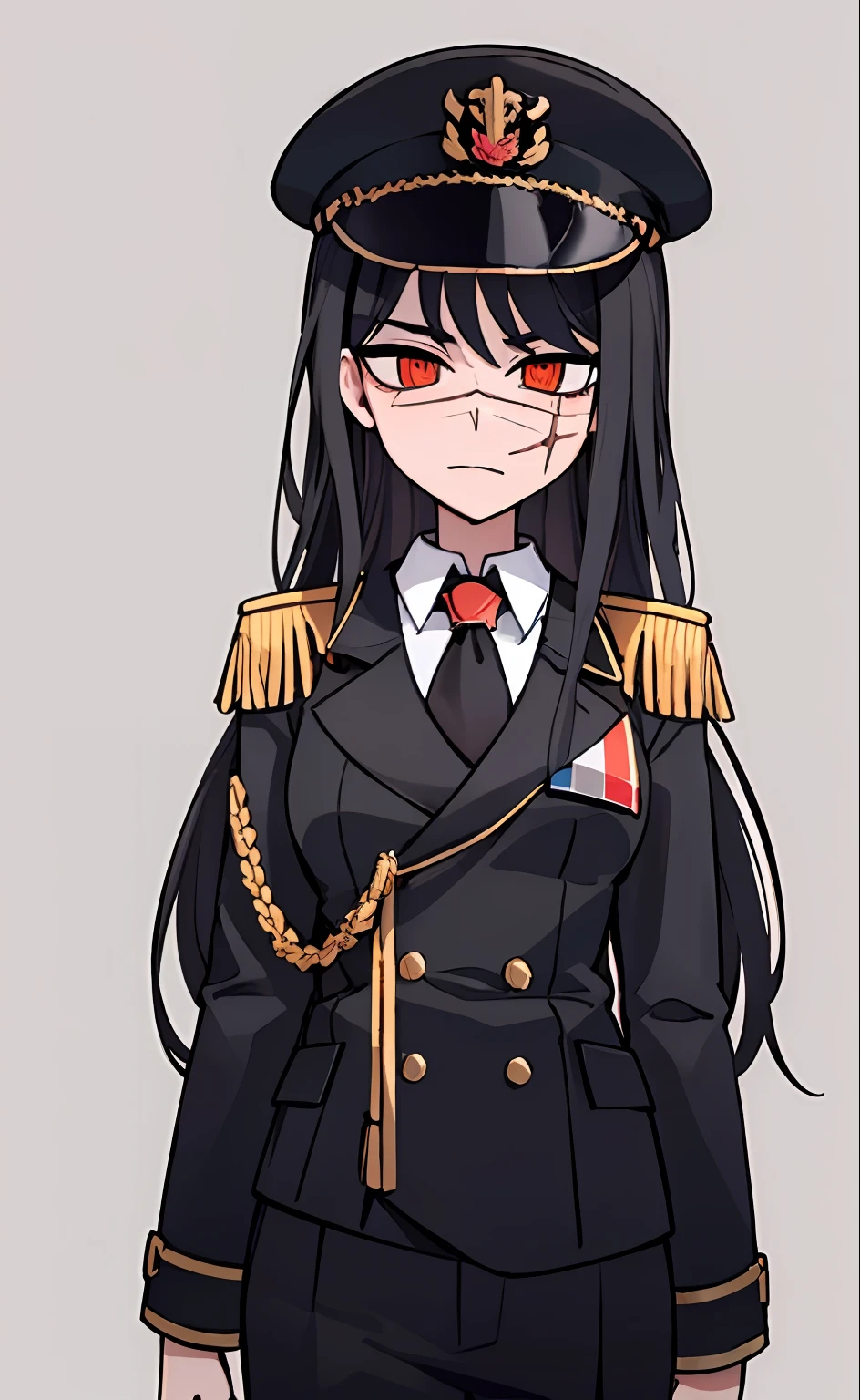 (masterpiece, best quality: 1.2), Solo, 1girl, Yoru \(Chainsaw Man\), looking at the viewer, different poses, red eye, long hair, completely black hair, reference to clothing of a German WWII general, black long sleeves (best quality), scar on face, beautiful eyes, has only 2 arms, has war medals on his clothes, Black Military Cap, Golden Eagle Medal on Clothing, (Wallpaper), (8K HD), (8K HD), Golden Shoulder Pads, Sprites, 1 Single Design (masterpiece, best quality: 1.2), Solo, 1girl, Yoru \(Chainsaw Man\), looking at the viewer, smile, happy, different poses, red eye, long hair, completely black hair, reference to clothing of a German WWII general, black long sleeves (best quality), scar on face, beautiful eyes, has only 2 arms, has war medals on his clothes, black military cap, golden eagle medal on clothing, (wallpaper), (8K HD), (8K HD), (8K HD), golden shoulder pads, sprites, 1 single design
