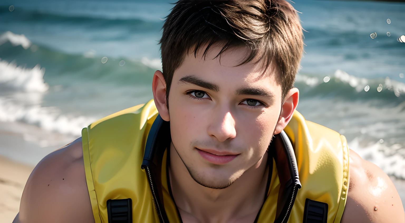 ((Men only)), (Handsome muscular man in his 20s in yellow & red life jacket on the beach) , Chris Redfield,  Mischievous smile, (detaile: 1 in 1), Natural muscles, HIG quality, beautidful eyes, (Detailed face and eyes), (Face、: 1 / 2), Noise, Real Photographics、... ...................................................................PSD, Sharp Focus, High resolution 8K, realisitic & Professional Photography, 8K UHD, Soft lighting, High quality, Film grain, FujifilmXT3