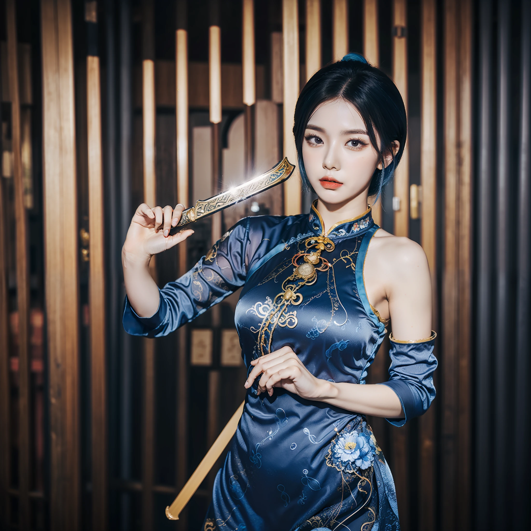 Short hair women all over the body，Wears a blue skinny open-the-chest cheongsam，Full breasts，The hair has a strand of blue hair，Sword in hand，raining day，Chinese ancient temple background