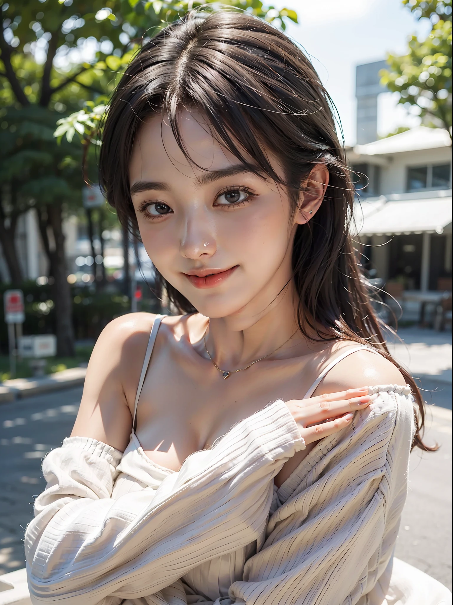 1girl, offshoulder, light smile, shiny skin
best quality, masterpiece, (photorealistic:1.4)