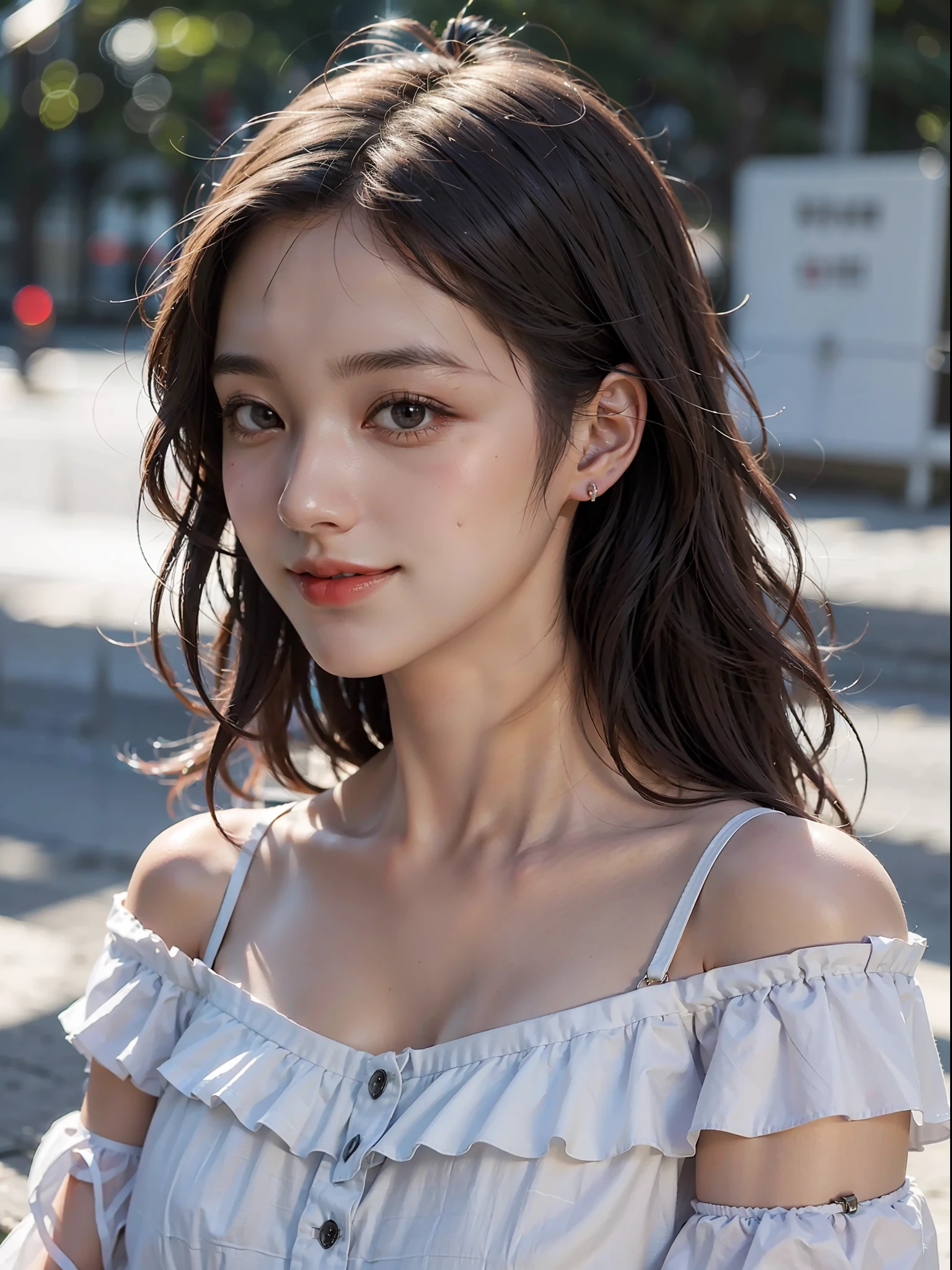 1girl, offshoulder, light smile, shiny skin
best quality, masterpiece, (photorealistic:1.4)