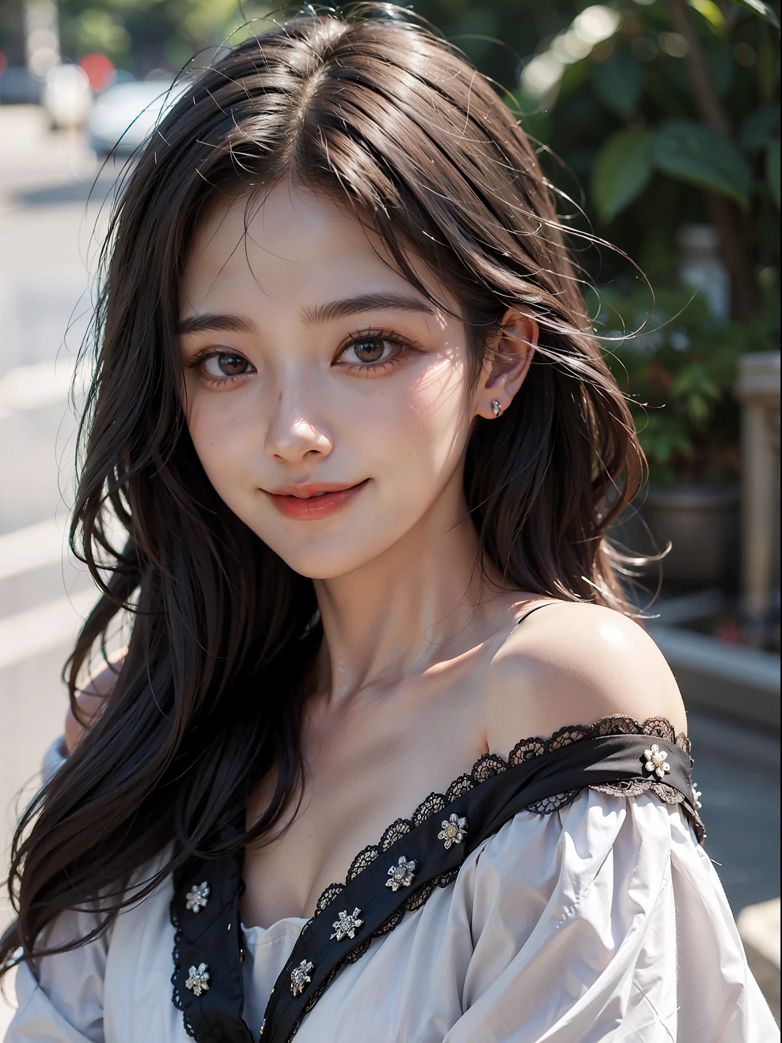 1girl, offshoulder, light smile, shiny skin
best quality, masterpiece, (photorealistic:1.4)