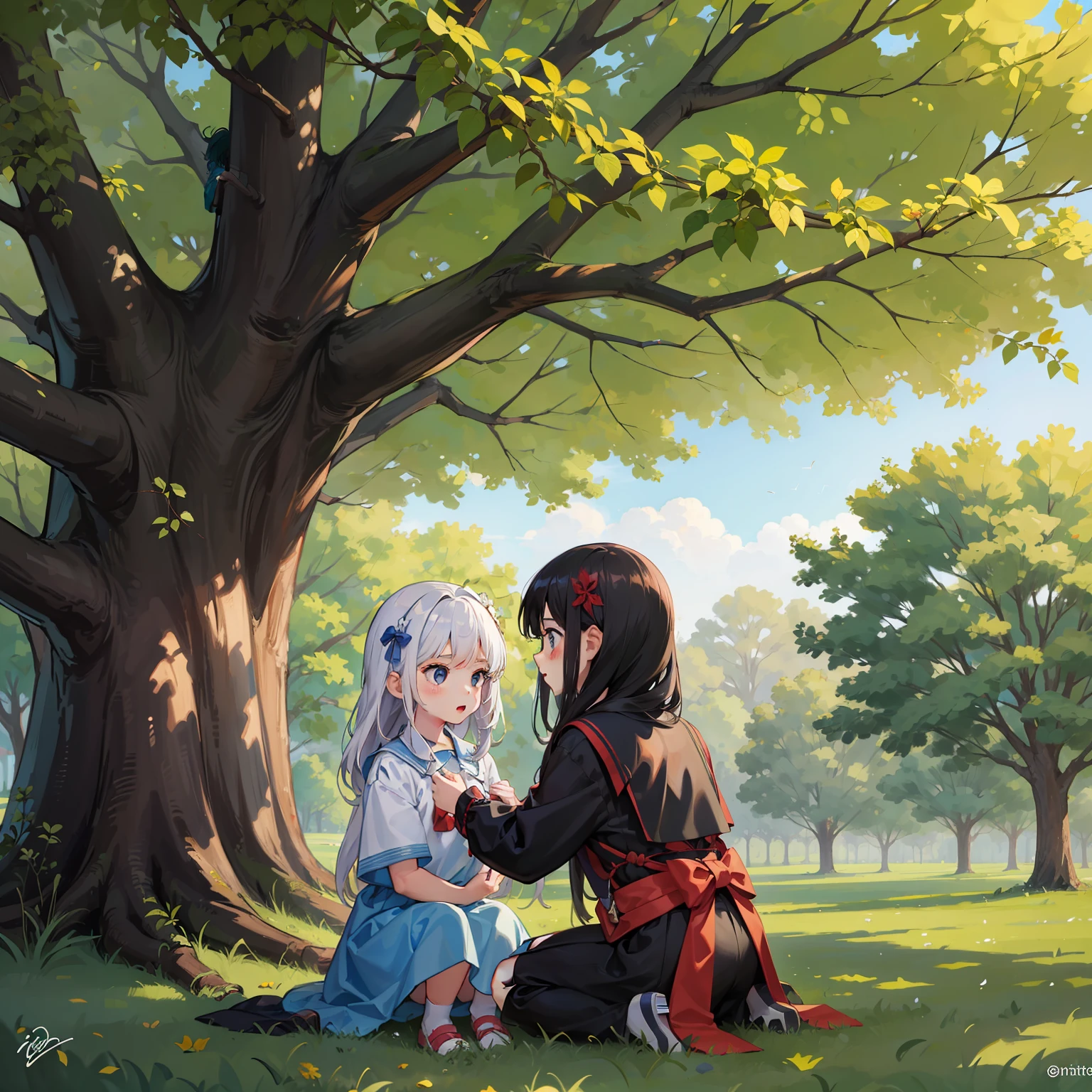 Two children playing under a tree, a garota de cabelos pretos compridos, o garoto de cabelos pretos curtos,