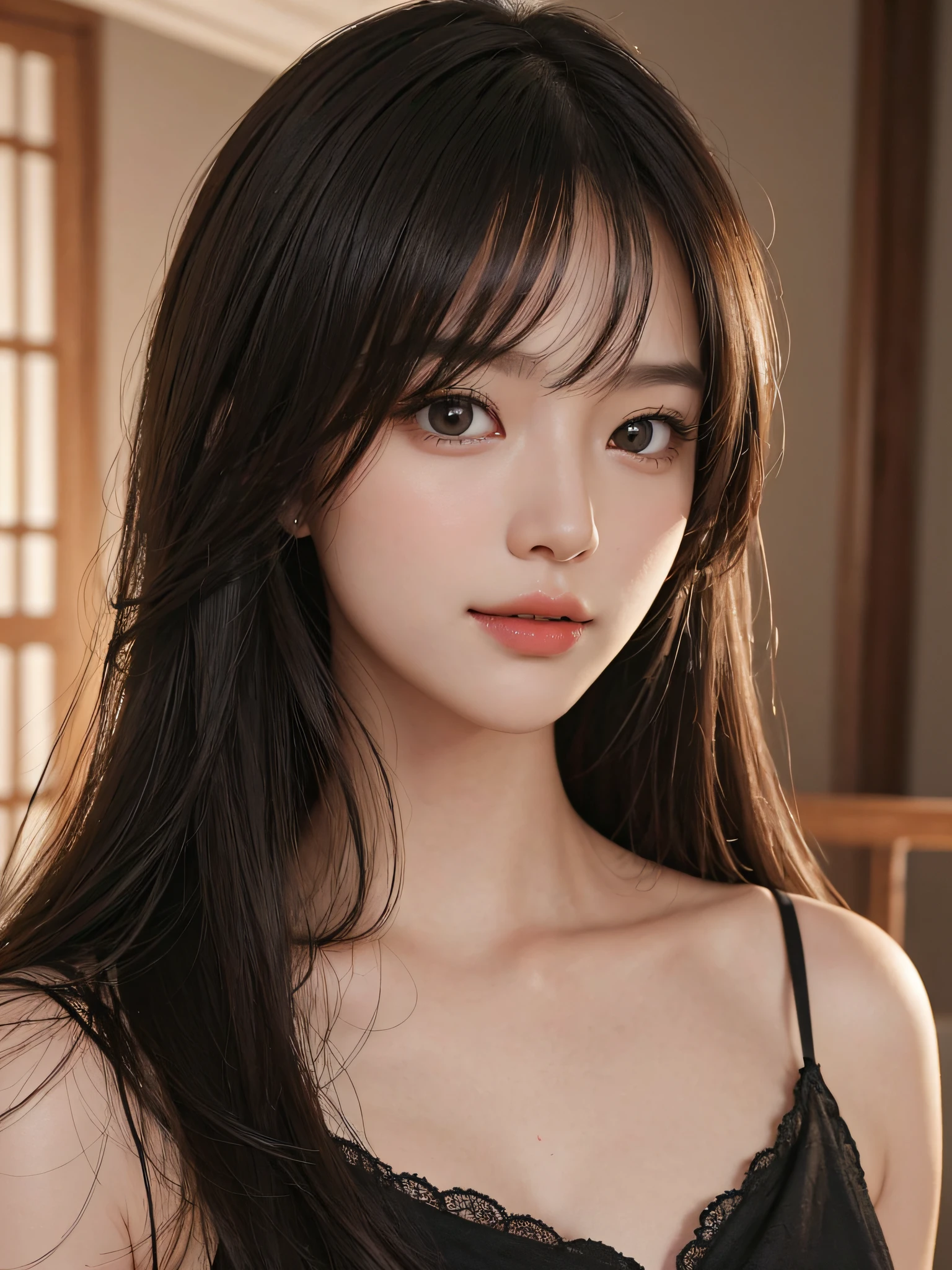 Masterpiece, best picture quality, high quality, beautiful woman, Japanese, popular Korean makeup, detailed, swollen eyes, detailed eyes, detailed skin, beautiful skin, ultra high resolution, (reality: 1.4),very beautiful, slightly younger face, beautiful skin, slender, (ultra realistic), (illustration), (high resolution), (8K), (very detailed) (best illustration), (beautifully detailed eyes), (super detailed), (wallpaper), (detailed face), looking at viewer, fine detail, detailed face, pureerosfaceace_v1, smiling, looking straight ahead, looking straight ahead, angle from waist up, realistic photo, bright lighting, professional lighting, black hair (some green), long hair, dark ruins, big red moon, gorgeous red and black dress, mature woman, long stylish bangs,