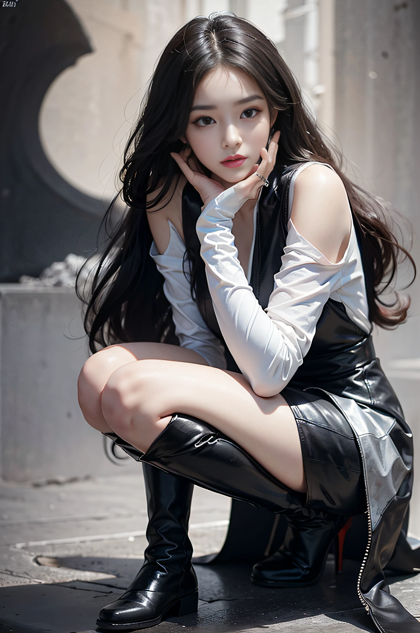 NSFW, Best quality, Masterpiece, 超高分辨率, (Photorealistic:1.3), 8K, RAW photo, ,Perfect lighting,Arad woman in white dress and black boots for a photo commemoration, white blouse and gothic boots, cruel korean goth girl, ulzzangs, ( ivory black ), bae suzy, smooth white tight clothes suit, full-body xianxia, Shin Jinying, style kim jung gi, Leather thigh boots, White and black clothing, Choi Hyun-hwa