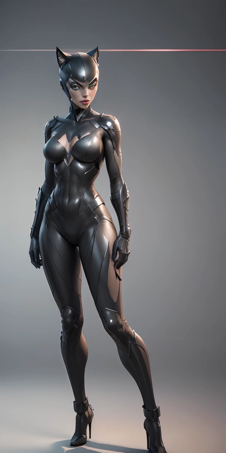 Catwoman from DC, big breasts, frontal, full-length, looking at the camera, facing the audience, standing pose, simple background, three-dimensional light, detailed full-body concept, sleek digital concept art, beautiful full-body concept art, art trend, CGsociety full-length,