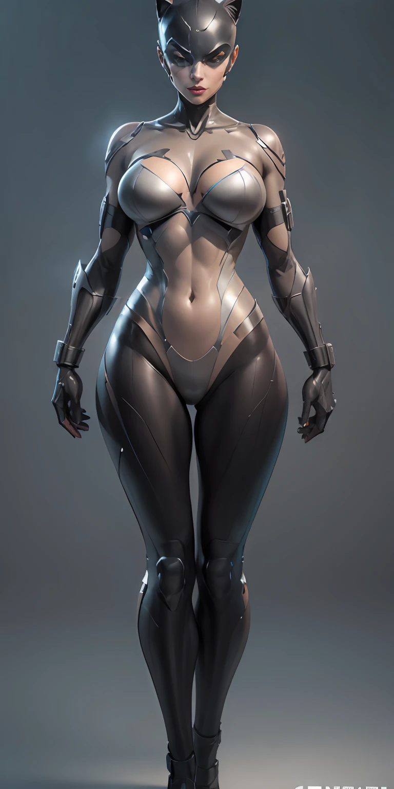 Catwoman from DC, big breasts, frontal, full-length, looking at the camera, facing the audience, standing pose, simple background, three-dimensional light, detailed full-body concept, sleek digital concept art, beautiful full-body concept art, art trend, CGsociety full-length,