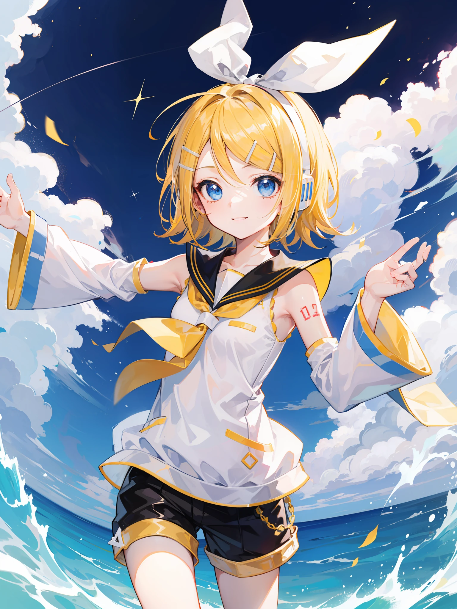 top-quality、super precision、One girl、(kagamine_Rin)、VOCALOID、blue eyess、Shorthair、cute little、Natural smile、a sailor suit、Short pants、Sleeveless、Your girlfriend、Innocent、nigh sky