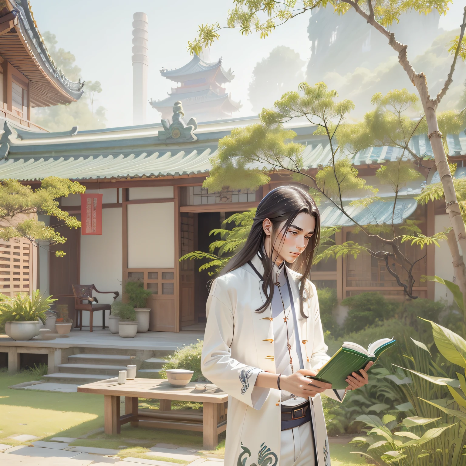 ancient china, watercolor, fairytale, lush green bamboo, water vapor, attractive slim male teenager, long hair, white long dress, read books, elegant court --auto