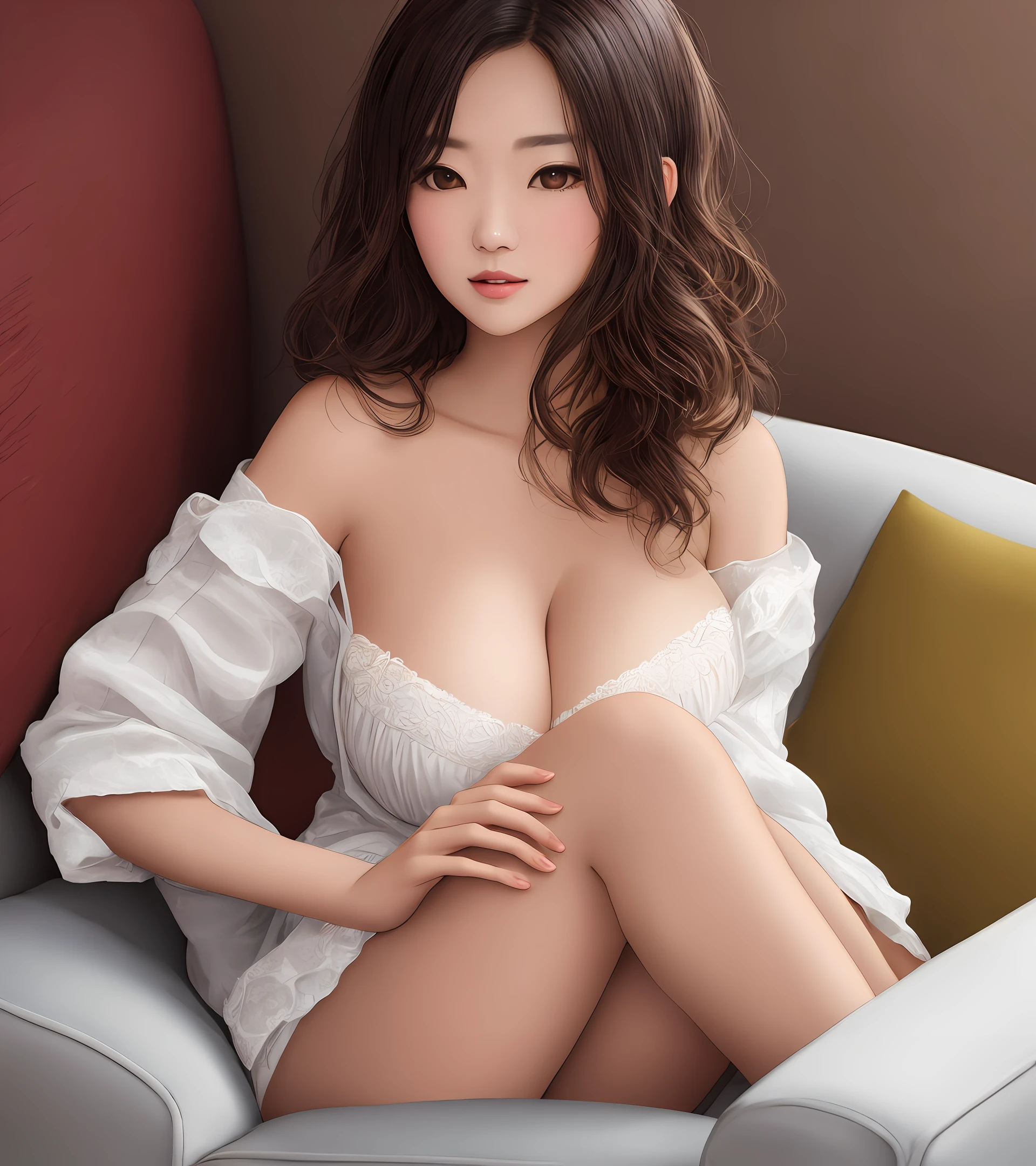 tmasterpiece,super realistic picture quality,(1个Giant Breast Girl),(Young woman),ChineseGirl,(mature face),Clean face,photorealiscic face,(s the perfect face),delicated face,White skin of the,sitting in the couch,thin very long legs,(curled),short detailed hair,brown hair,with hands resting on knees,Harnes,no brassiere,with no underpants,small)),high-definition picture quality,Realistic picture quality,Real Human, delicate leg,Ultra HD rendering,acurate,ctextured skin,high detal,high qulity,The is very detailed,A high resolution,8K,photore,photography of,absurderes。