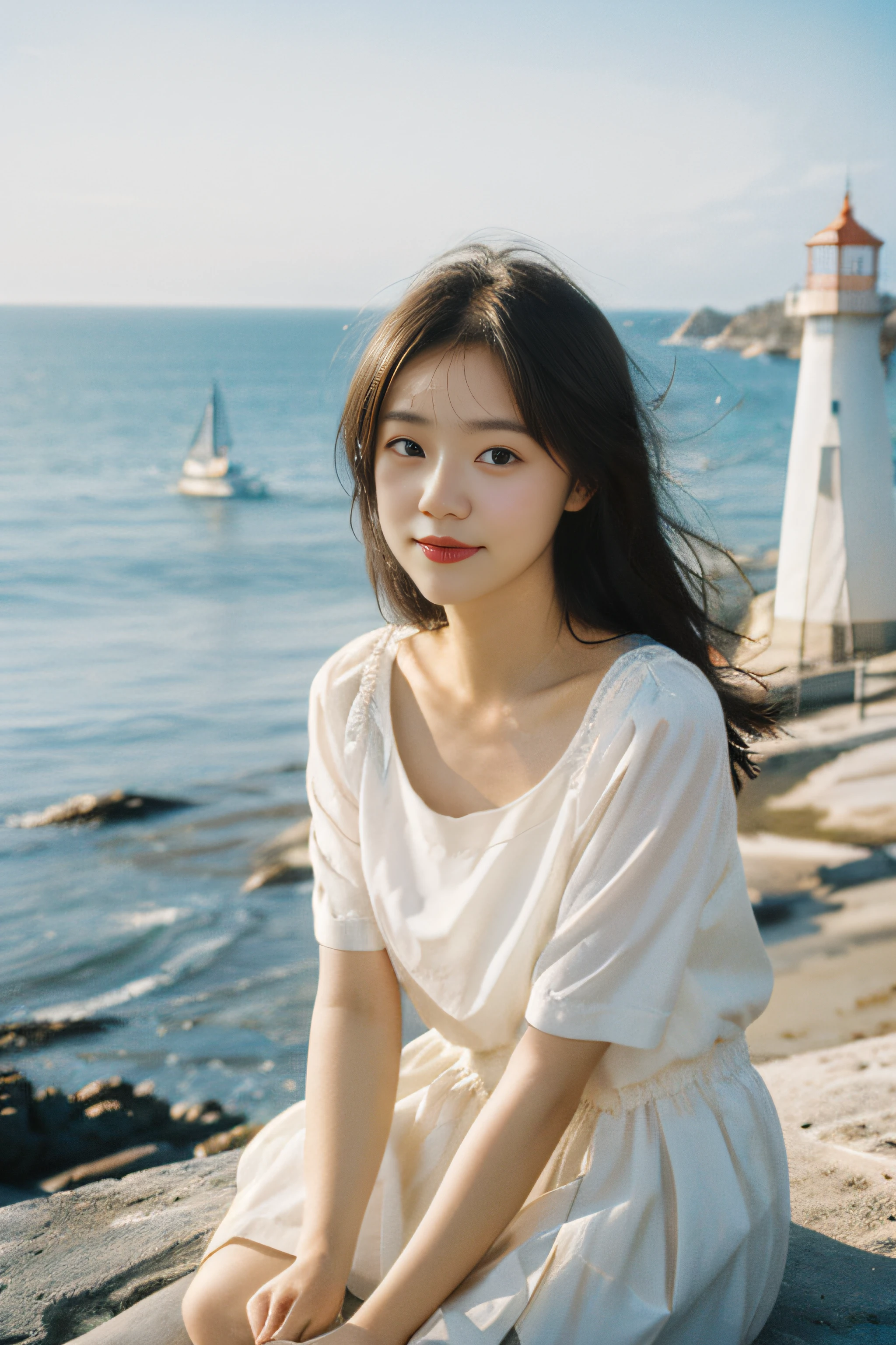 Beautiful view of the divided coast，Girl in charming nautical costume，white  skirt，（eyes with brightness，Sun-kissed skin，Carefree expression），beach sand background，lighthouse，Gentle sea breeze，playful pose，composition，Golden hour lighting，vague background，rich colours，finely detailled，hyper realisitc，50mm lens，Lighthearted atmosphere。Portrait Photogram，35mm film，natural blurry