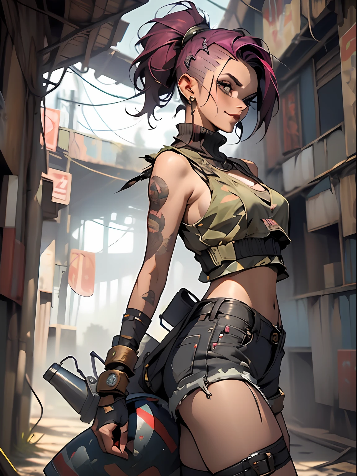 ((( corpo inteiro ))), master part, best quality, super detalhe, 8k, mulher linda, Tank Girl com cara de maluca, sorriso malicioso , cabelo moicano verde, garota punk, shorts curt com cinta liga, post-apocalyptic world, com um tanque de guerra ao fundo, (( ****** do tanque )), Nijistyle, roupas rasgadas e sujas, moicano curto, sides of shaved head, rosto limpo